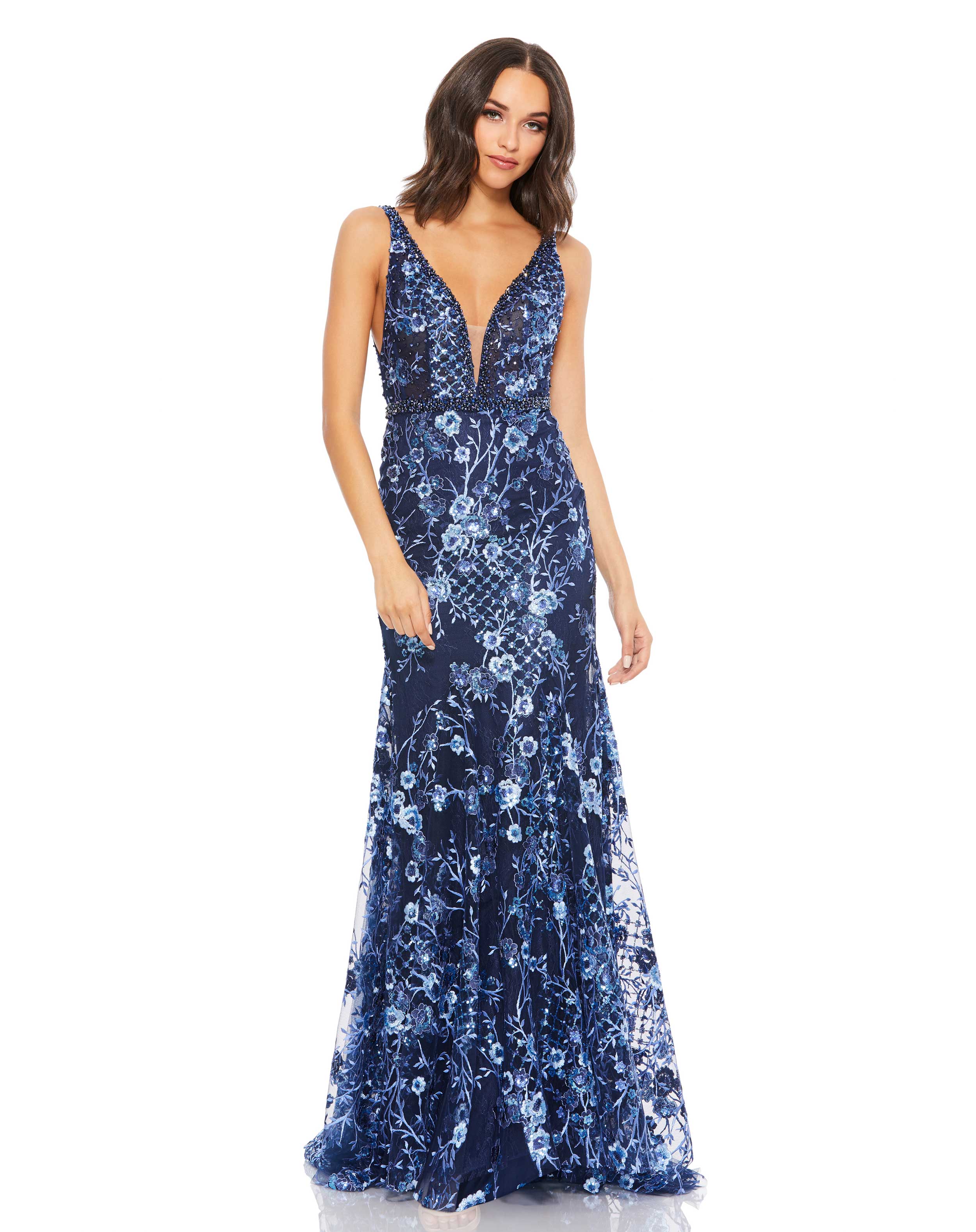 Dress the Population Illusion Plunge Neckline Sleeveless Fit and Flare Gown