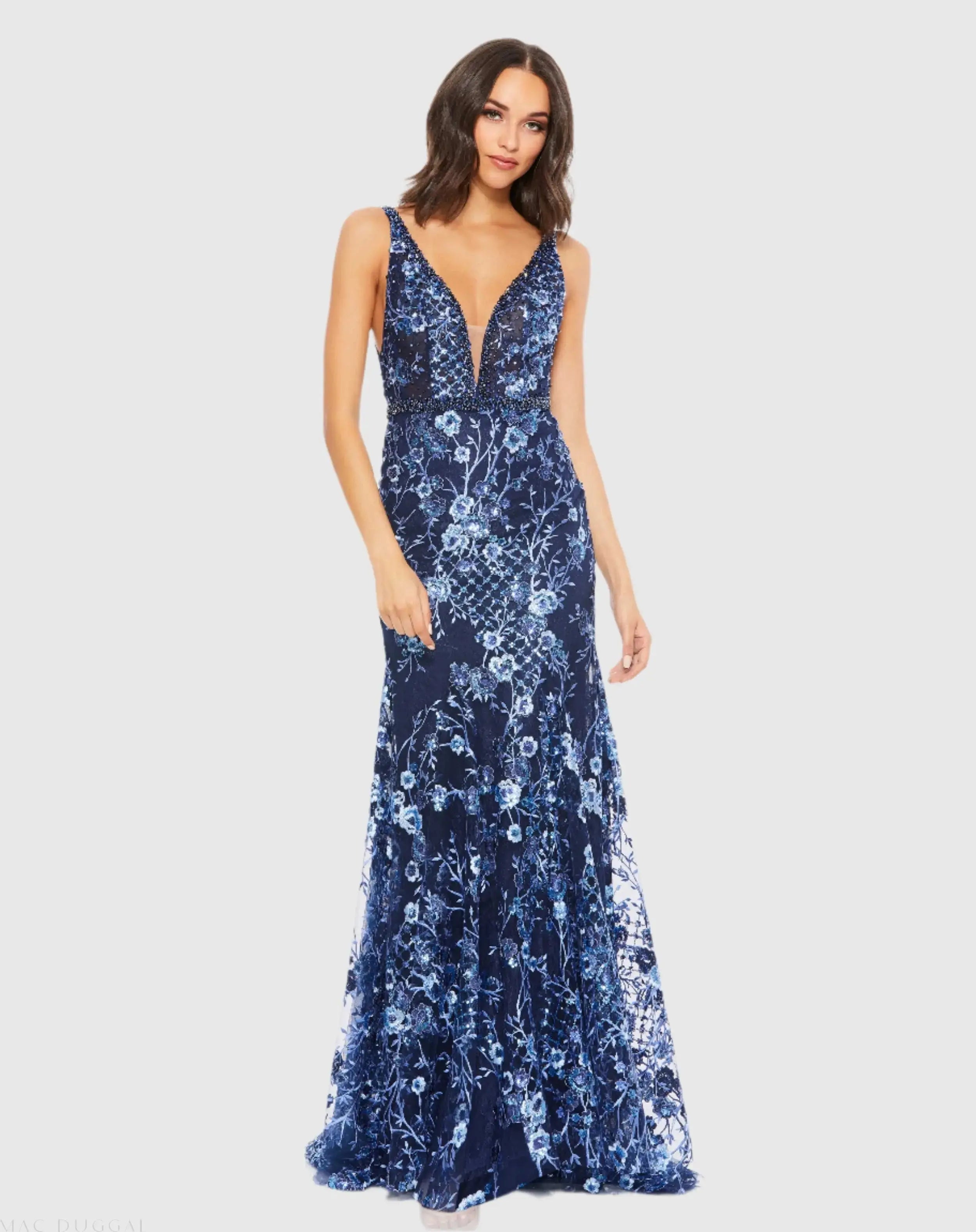 Dark Blue Floral Embellished Sleeveless Plunge Neck Gown - Mac Duggal