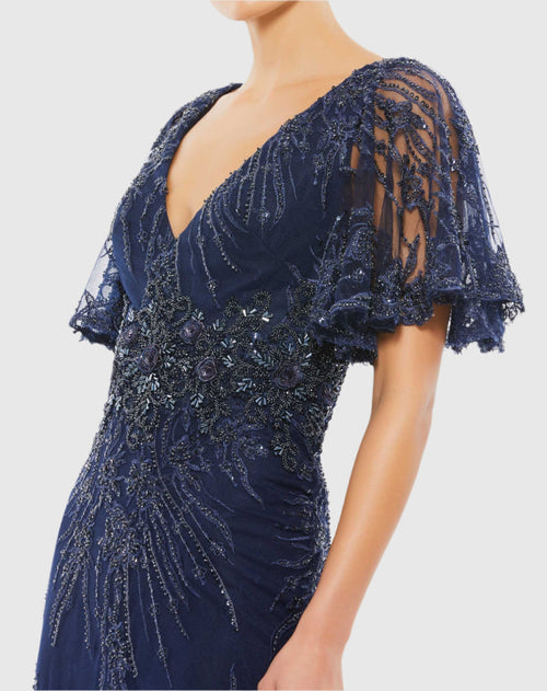 Navy Vintage Flutter Sleeve Evening Gown