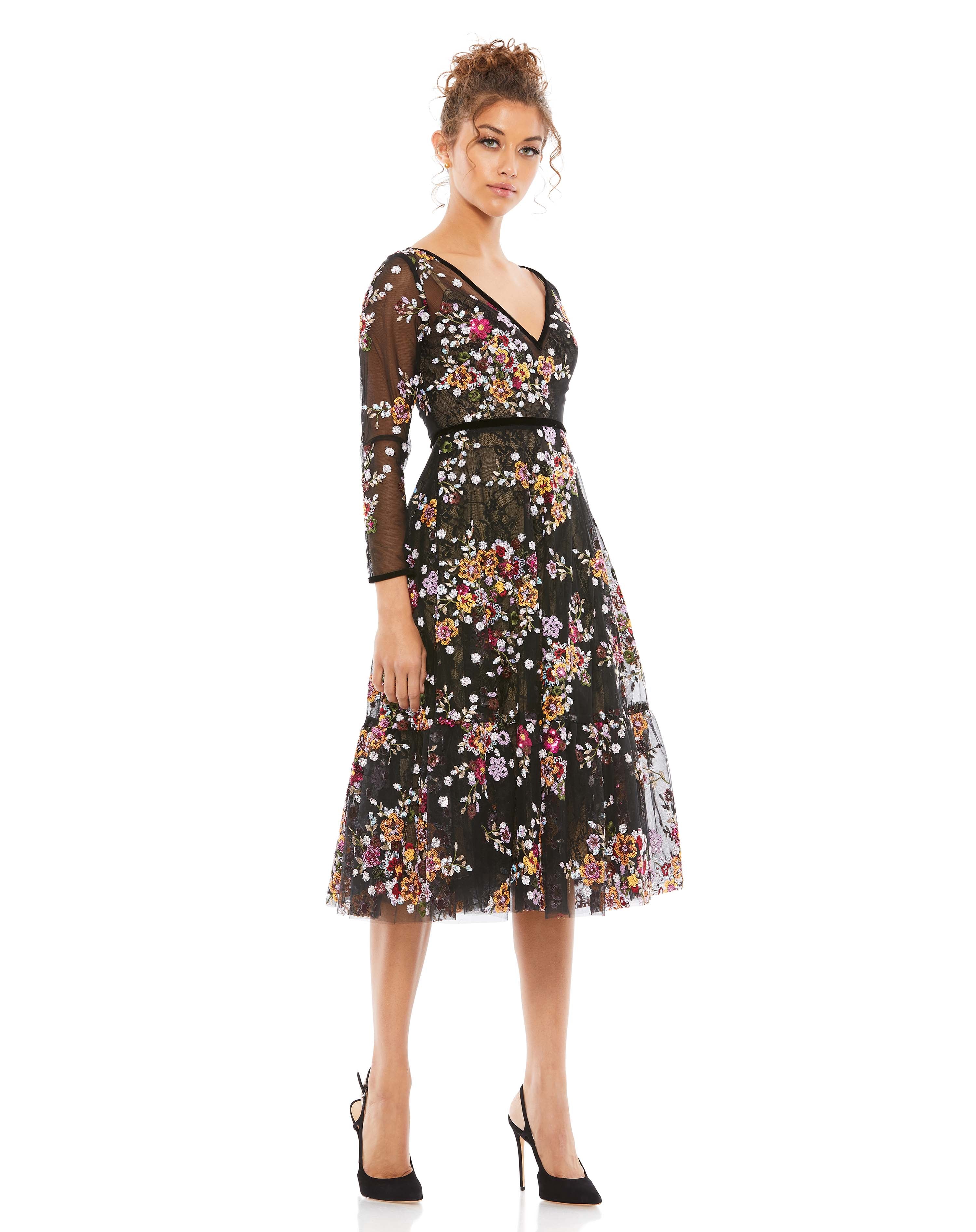 Black Floral Embroidered Tea Length Dress