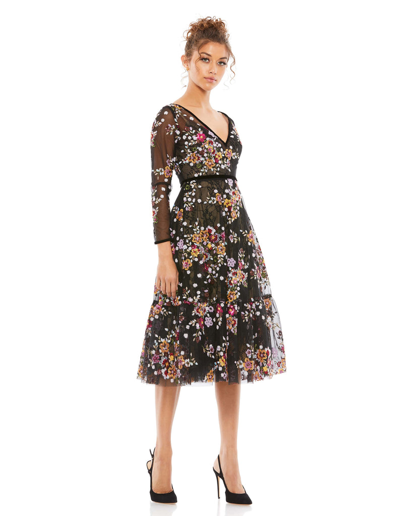 MULTI TEA LENGTH FLORAL EMBROIDERED COCKTAIL WEAR J. Mendel