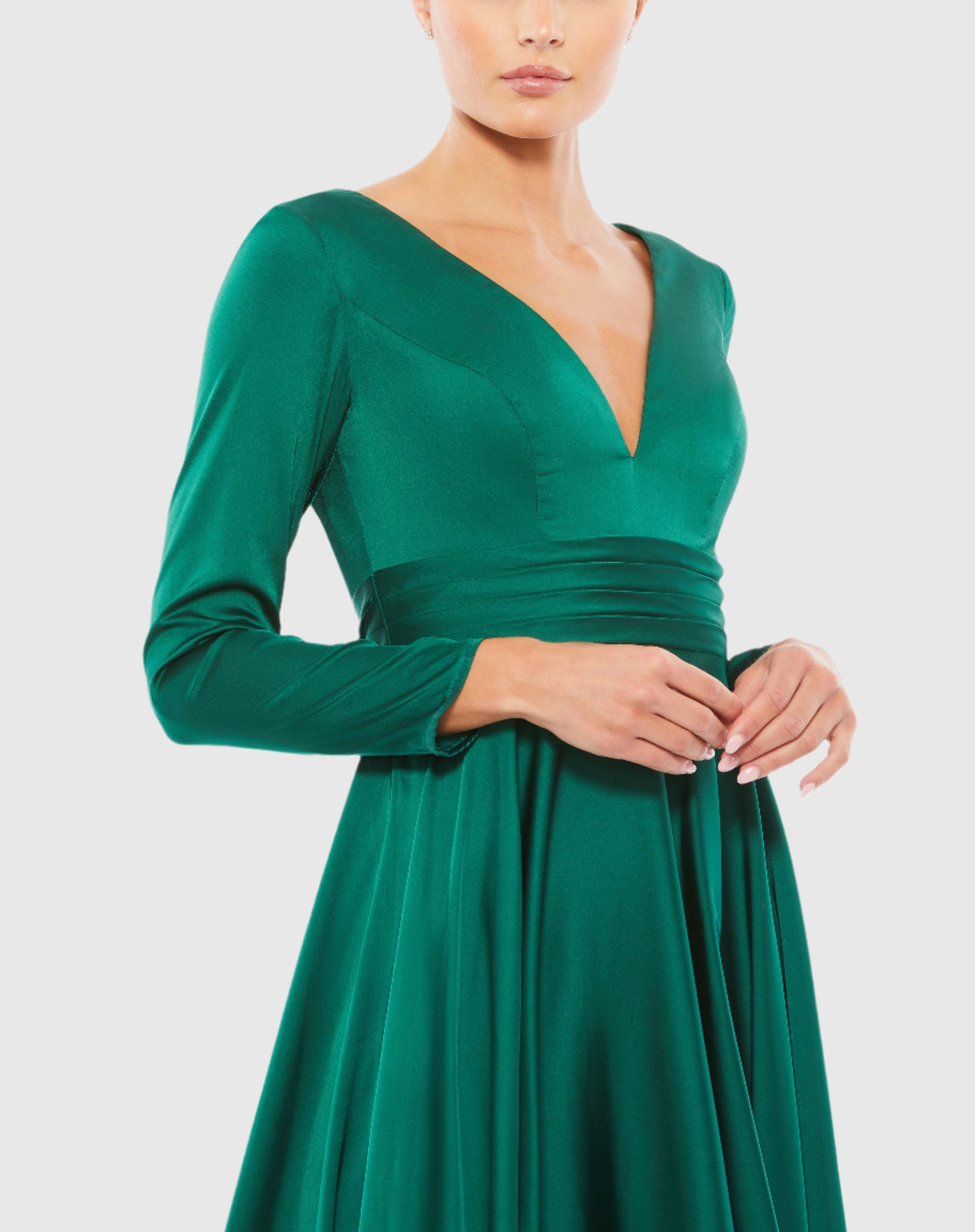 Green Plunge Neck Satin A-Line Dress - Ieena for Mac Duggal
