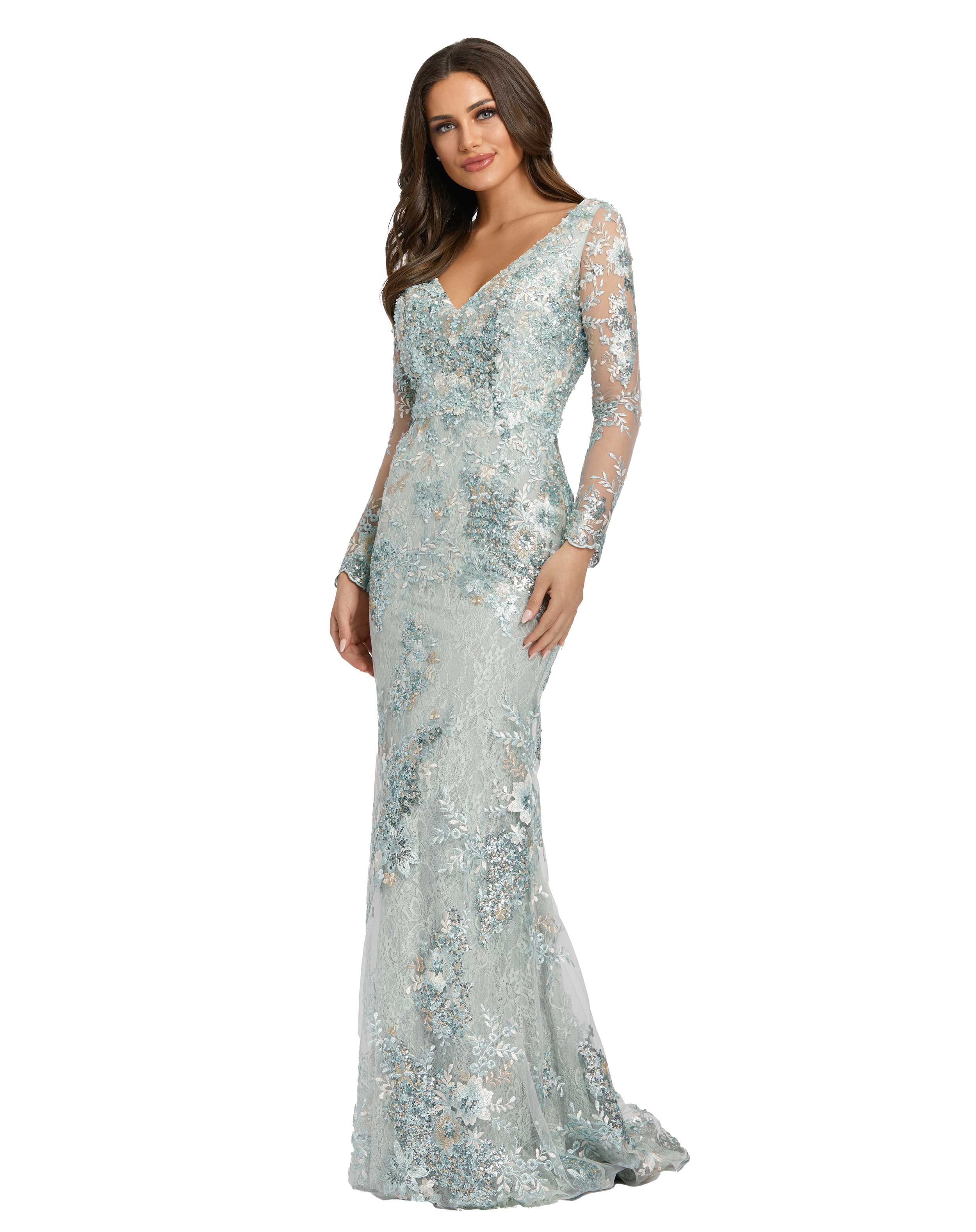 Embellished V Neck Illusion Long Sleeve Gown – Mac Duggal