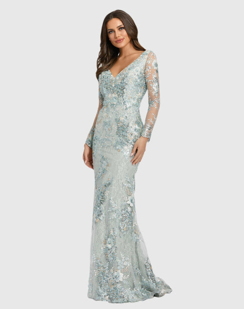 Embellished V Neck Illusion Long Sleeve Gown