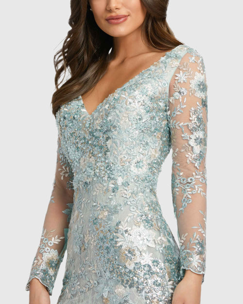 Embellished V Neck Illusion Long Sleeve Gown