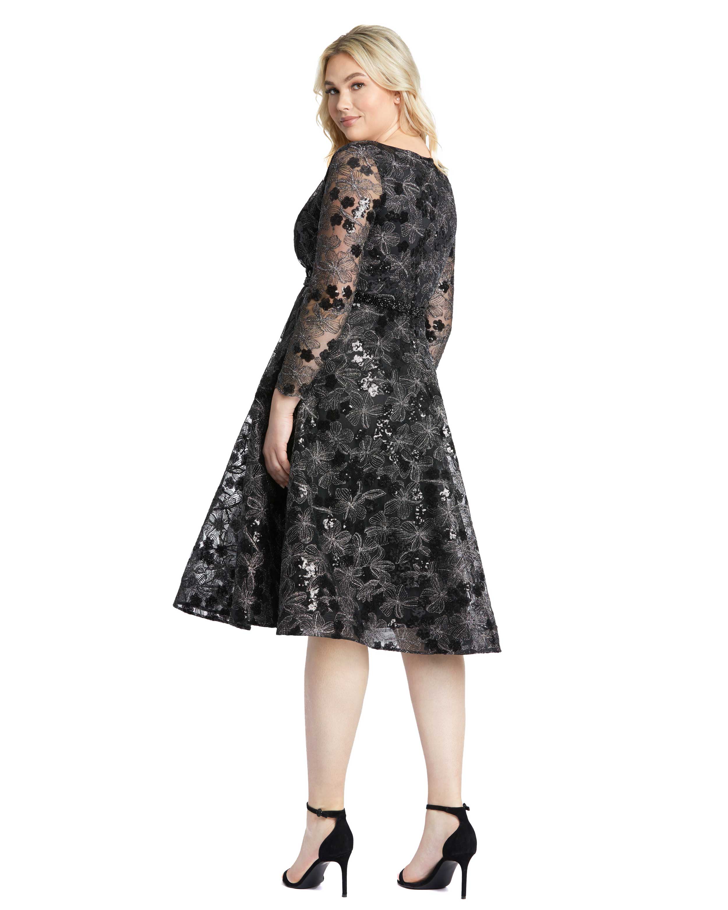 Long Sleeve Illusion Sequin Embroidered Midi Dress (Plus)