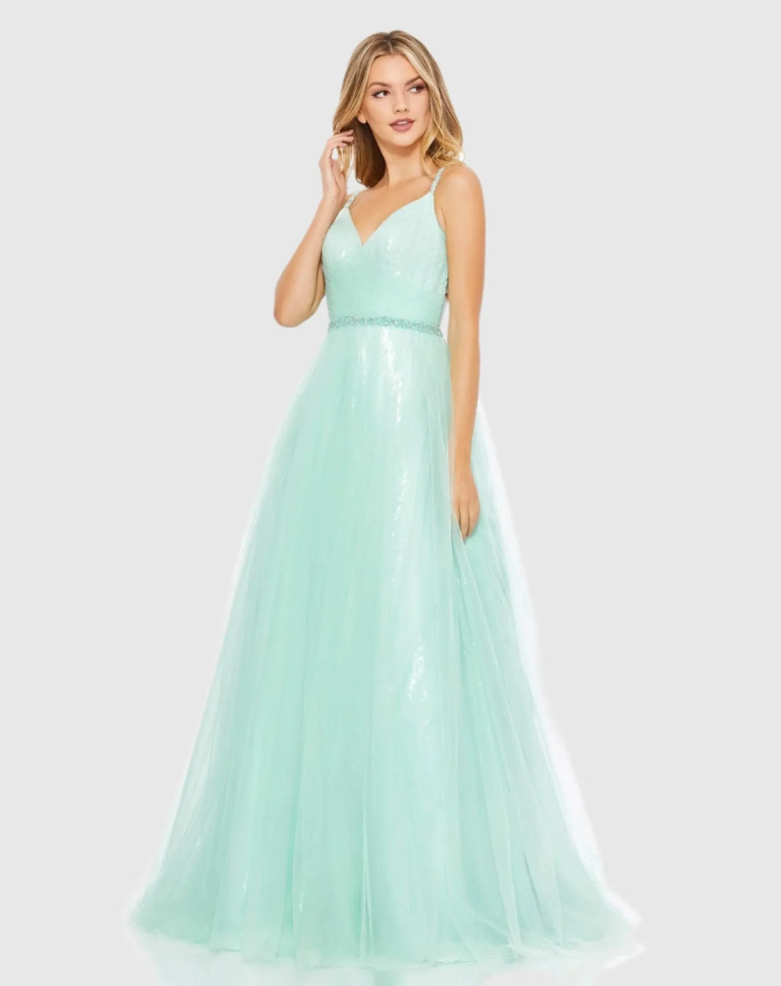 V-Neck Tulle Ballgown with Embellished Belt - FINAL SALE - Mac Duggal