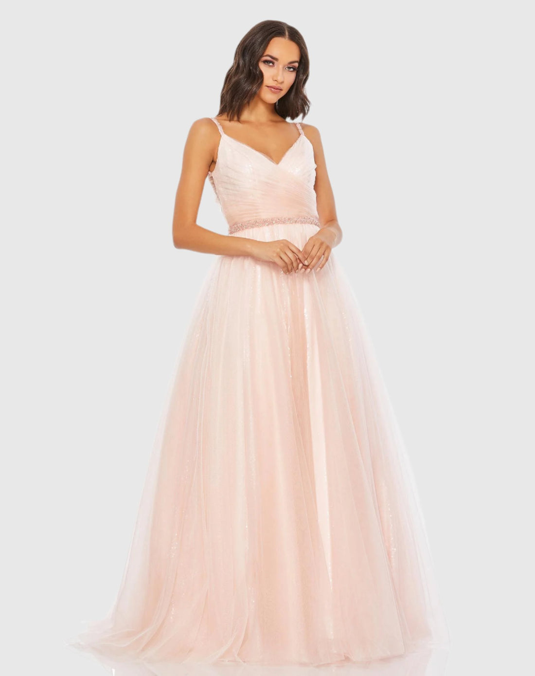 V-Neck Tulle Ballgown with Embellished Belt