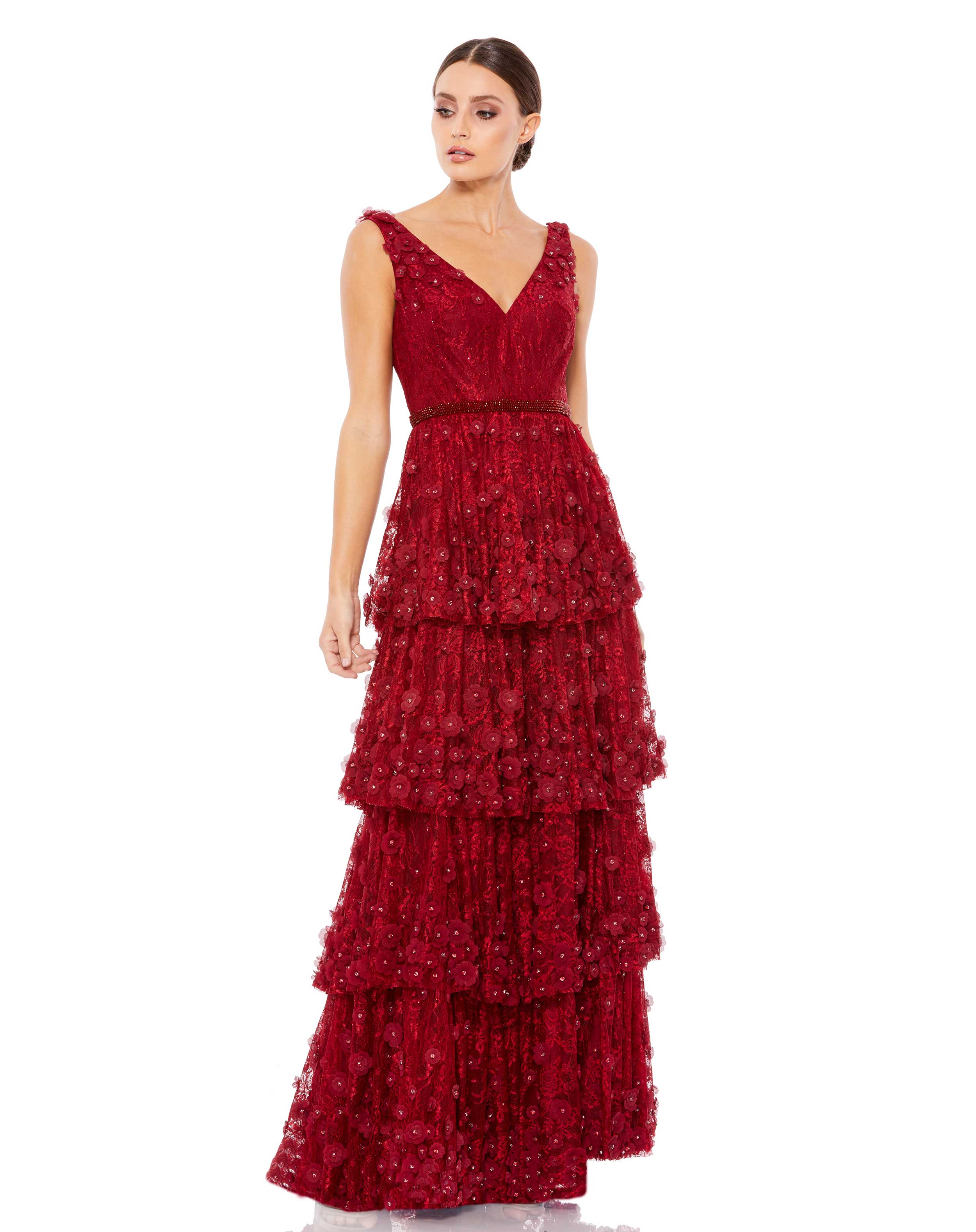 Floral Applique Ruffled Tiered Sleeveless V Neck Gown