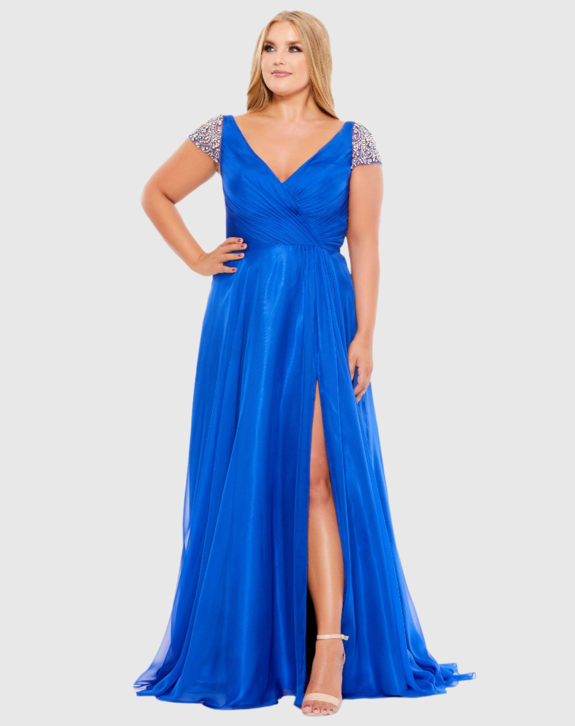 Beaded Cap Sleeve Faux Wrap Gown