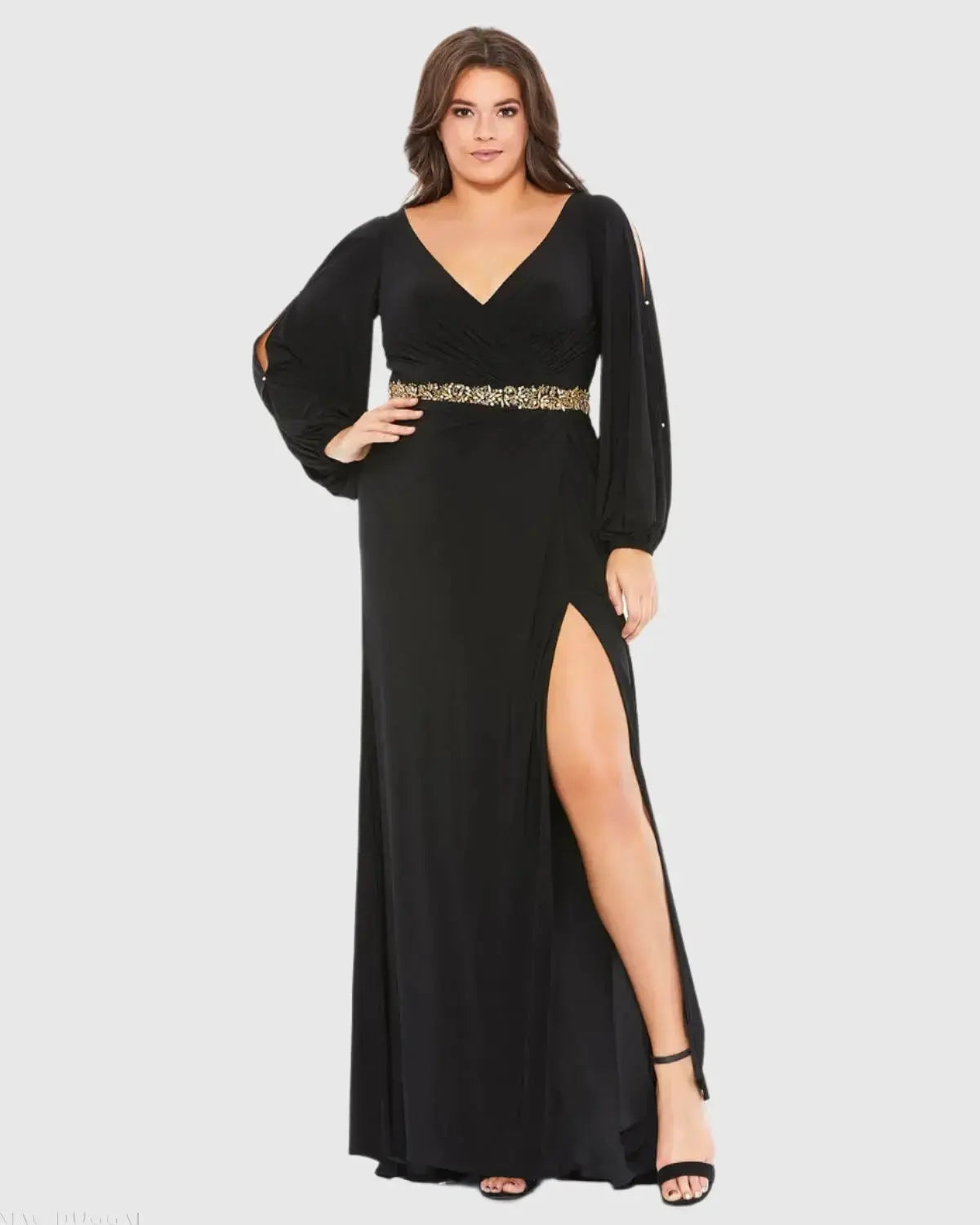Black Split Sleeve Surplice Gown (Plus) - Mac Duggal