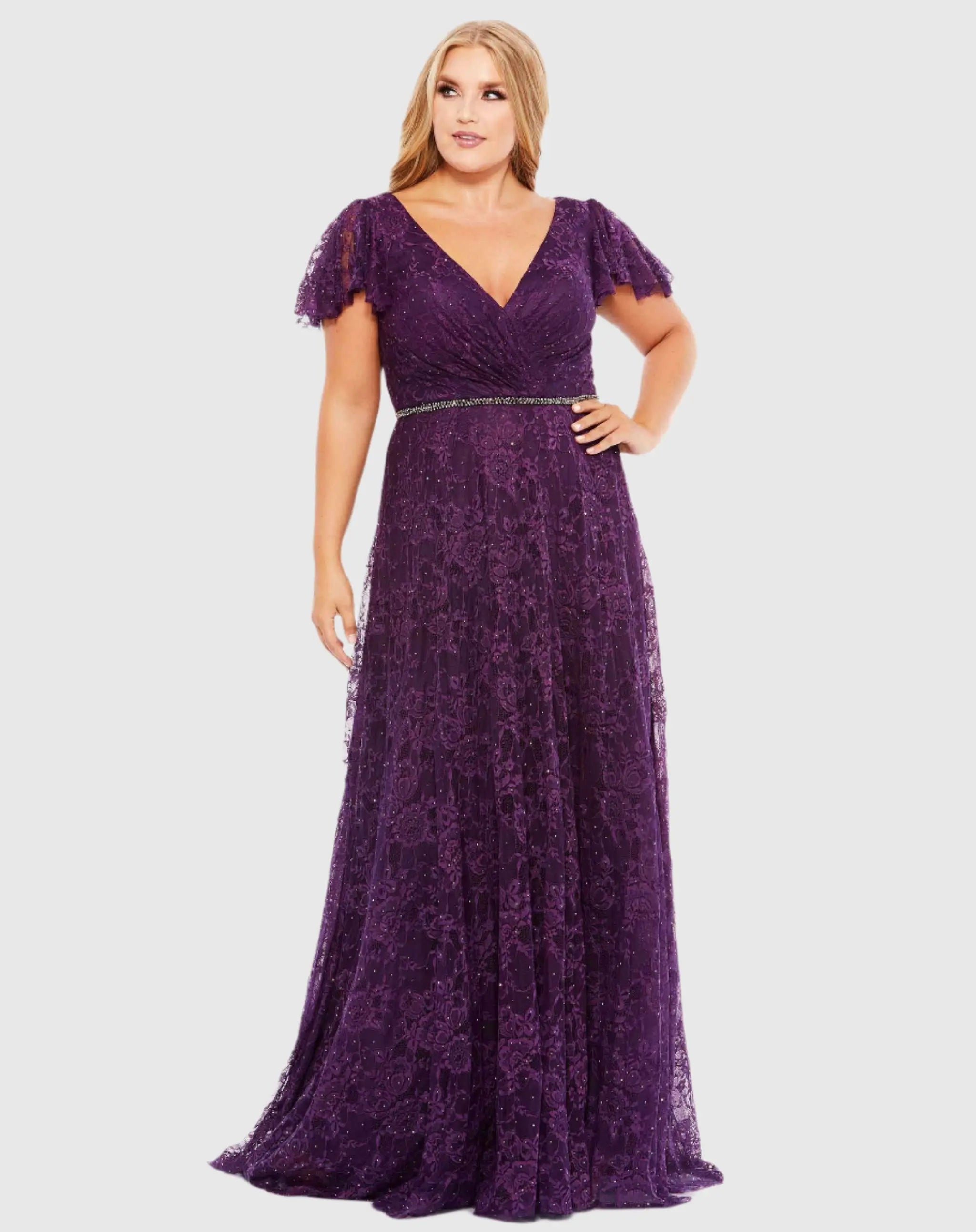 Embellished Flutter Sleeve Evening Gown - Mac Duggal