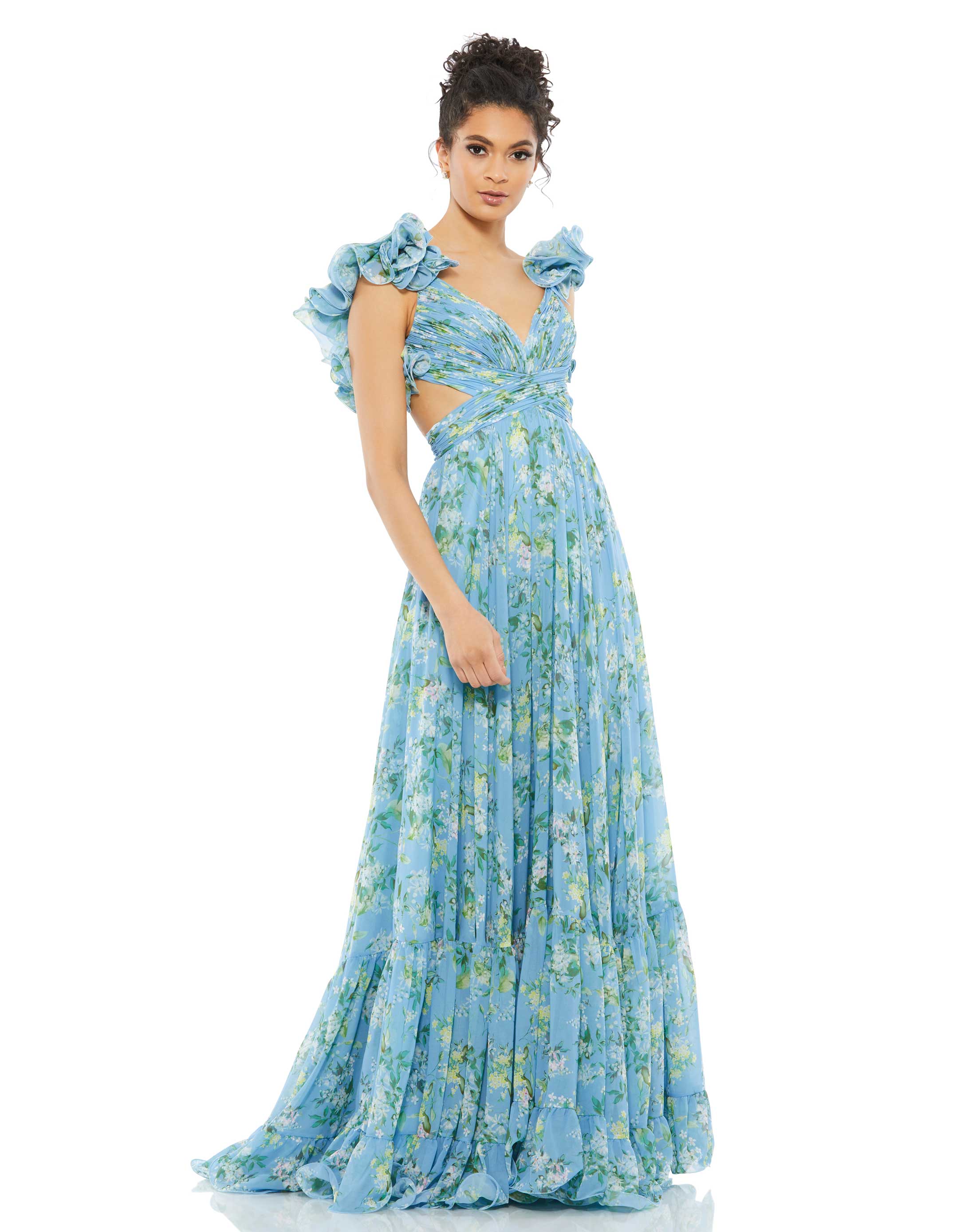 Ruffle Tiered Floral Cut-Out Chiffon Gown