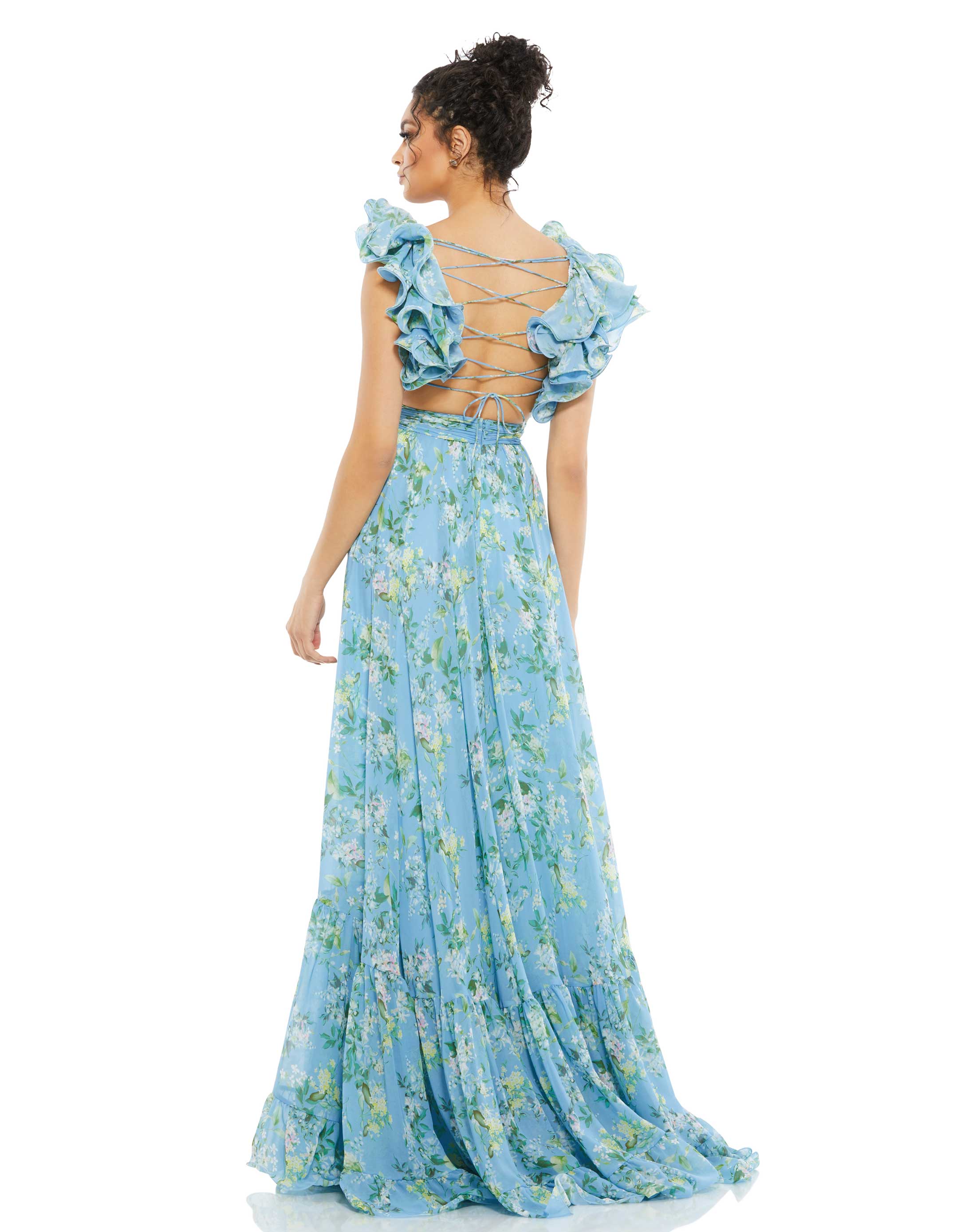Ruffle Tiered Floral Cut-Out Chiffon Gown