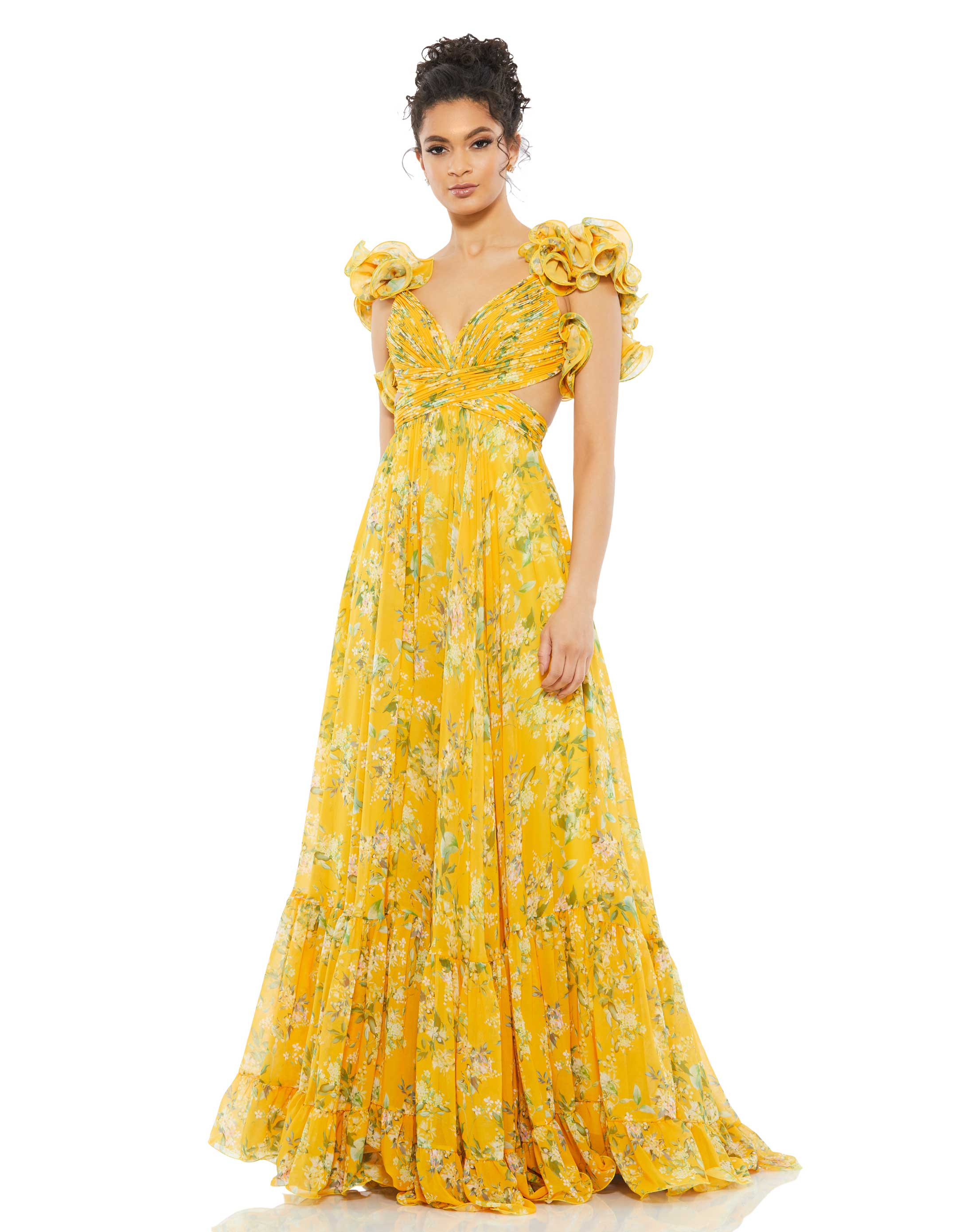 Yellow Ruffle Tiered Floral Cut-Out Chiffon Gown | Final Sale