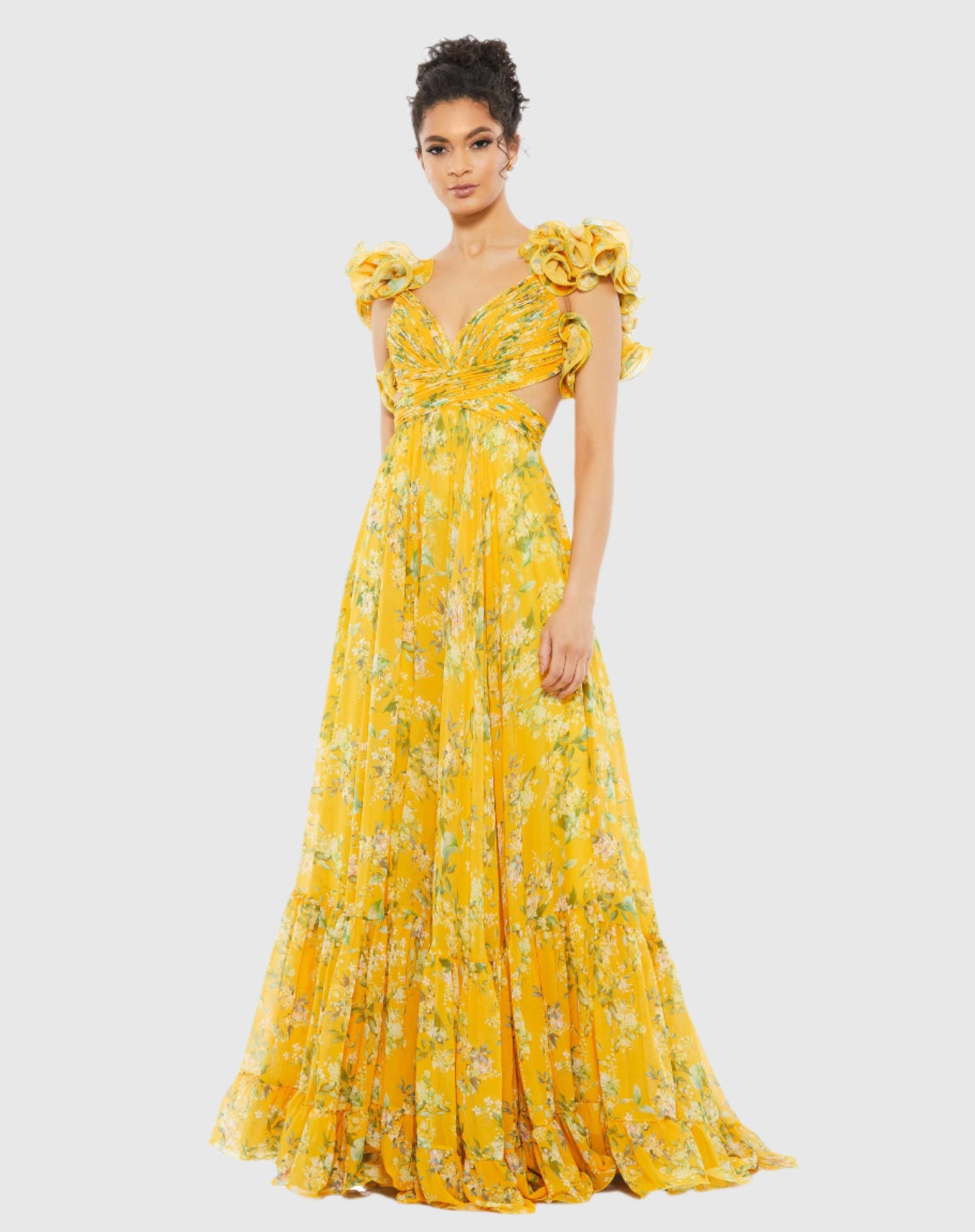 Yellow Ruffle Tiered Floral Cut-Out Chiffon Gown