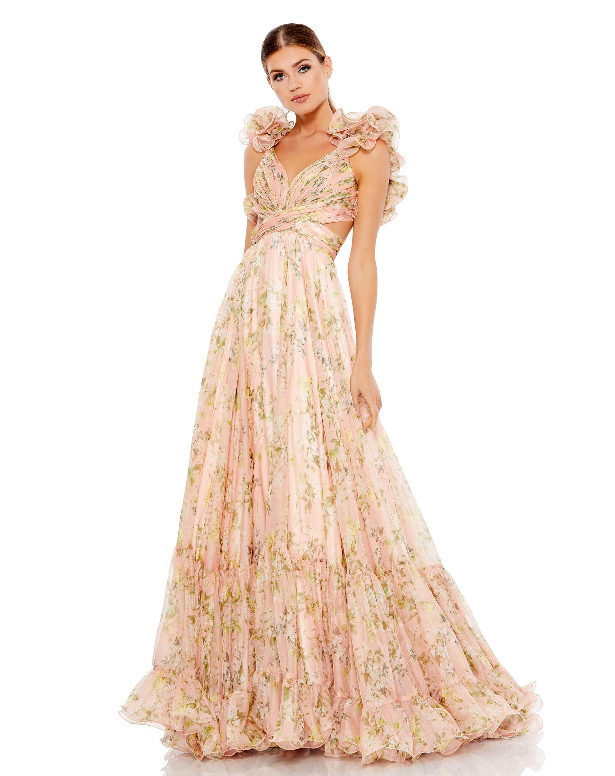 Gorgeous chiffon maxi dress with cut-out sides and back, pleated bodice, and a sexy lace-up open back. Dramatic ruffles accent the shoulders, and a flowy tiered skirt completes the look.