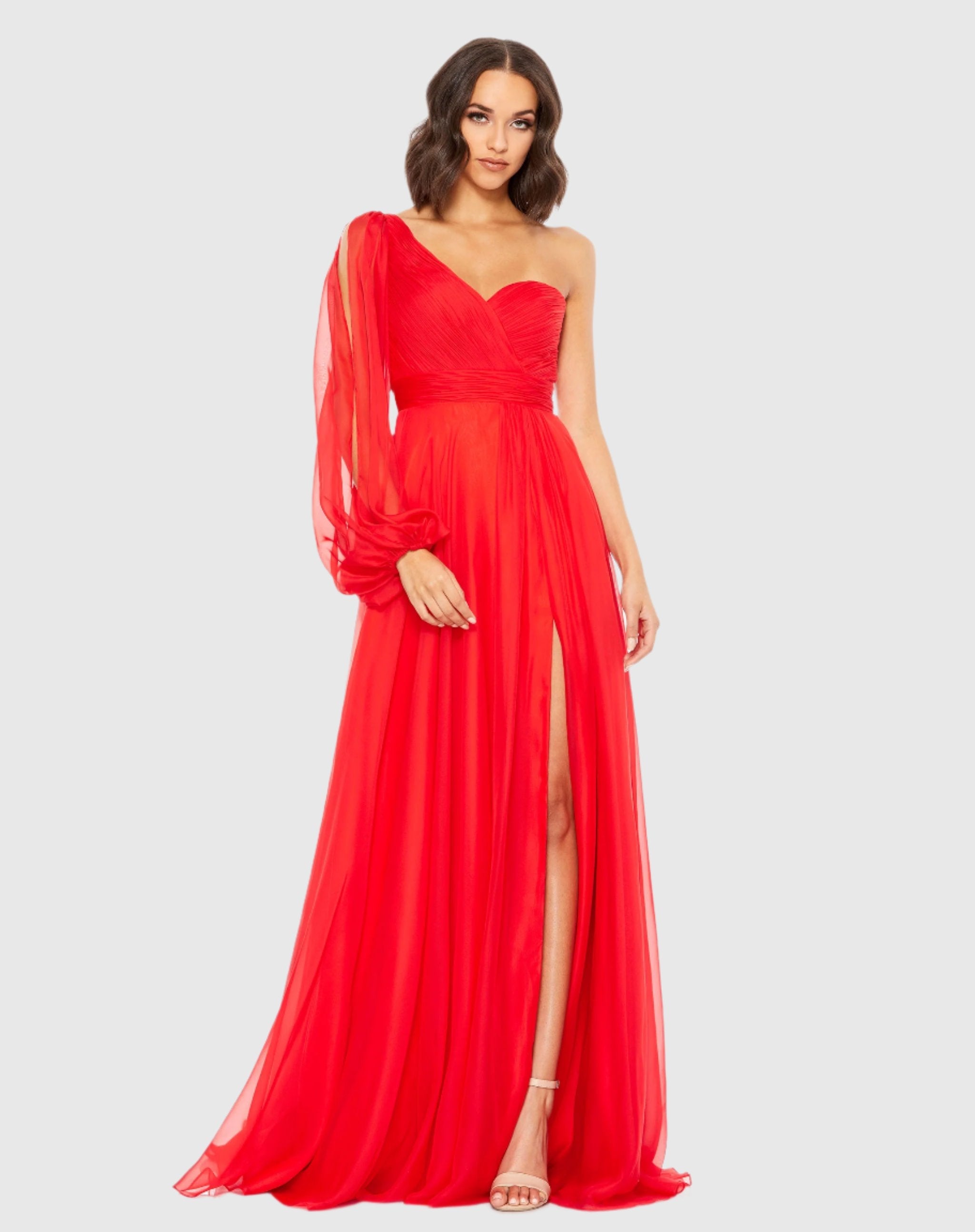 Red Flowy One Sleeve Chiffon Gown Mac Duggal