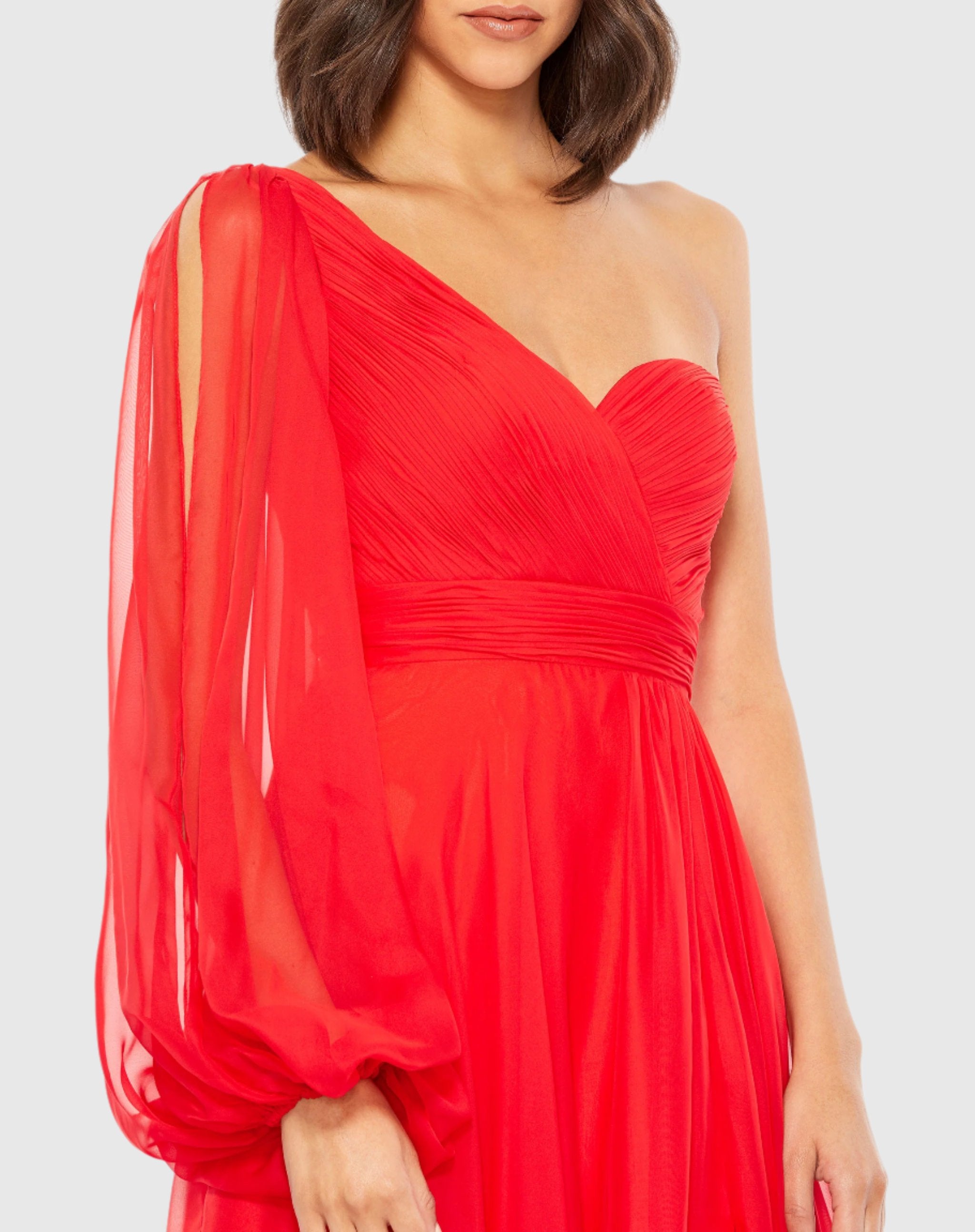 Red Flowy One Sleeve Chiffon Gown Mac Duggal