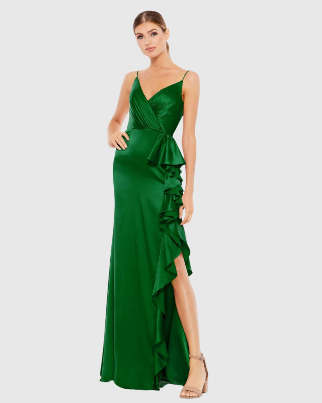 Satin Ruffled Asymmetrical Gown