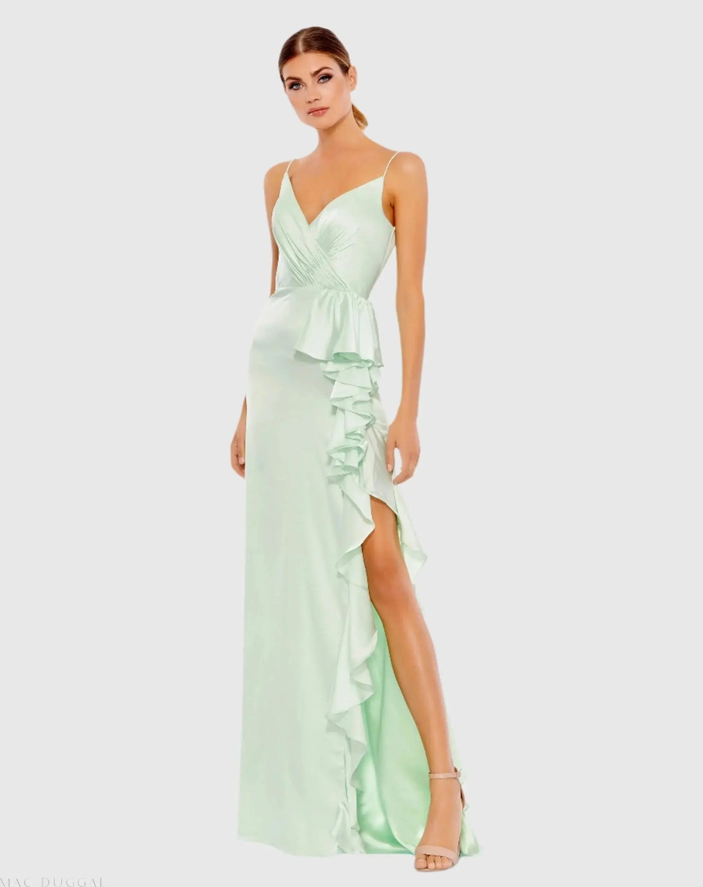 Light Green Satin Ruffled Asymmetrical Gown - Ieena for Mac Duggal