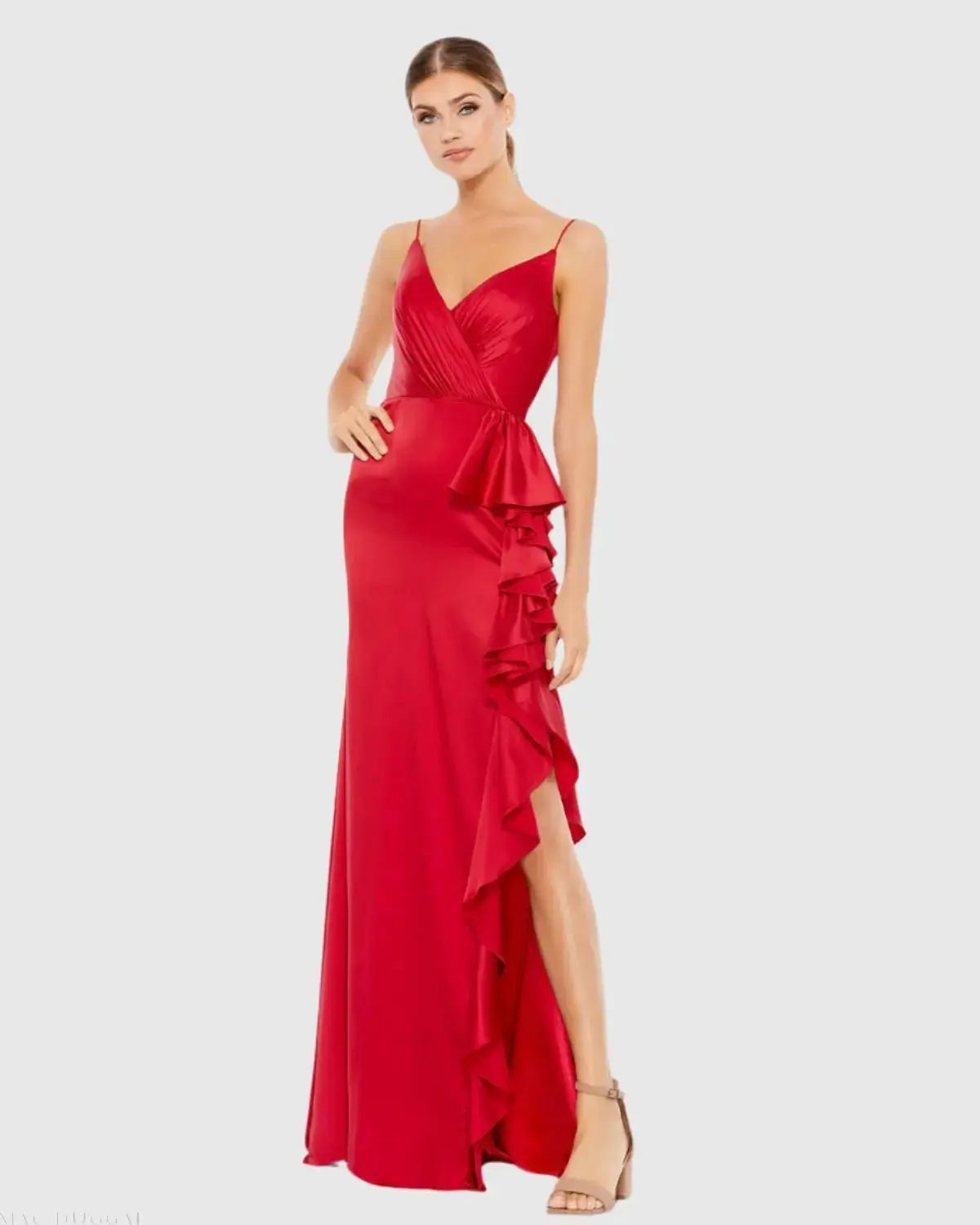 Red Satin Ruffled Asymmetrical Gown - Ieena for Mac Duggal
