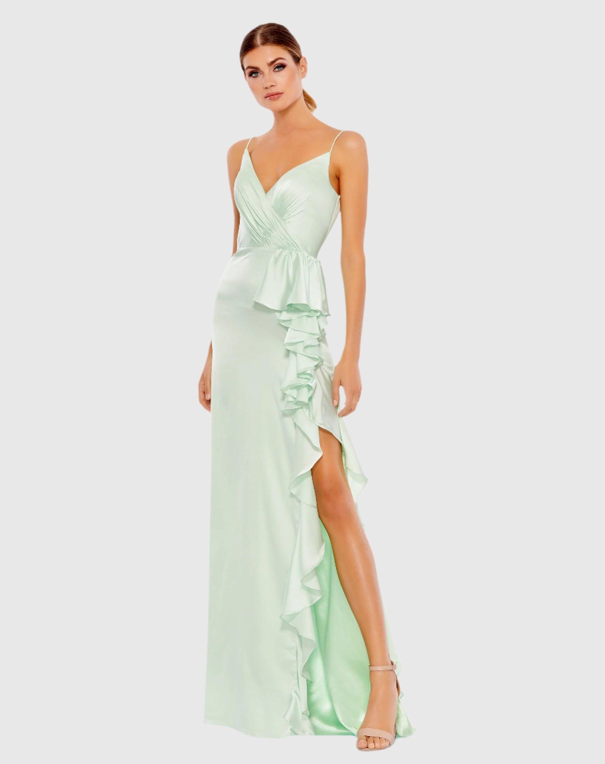 Satin Ruffled Asymmetrical Gown