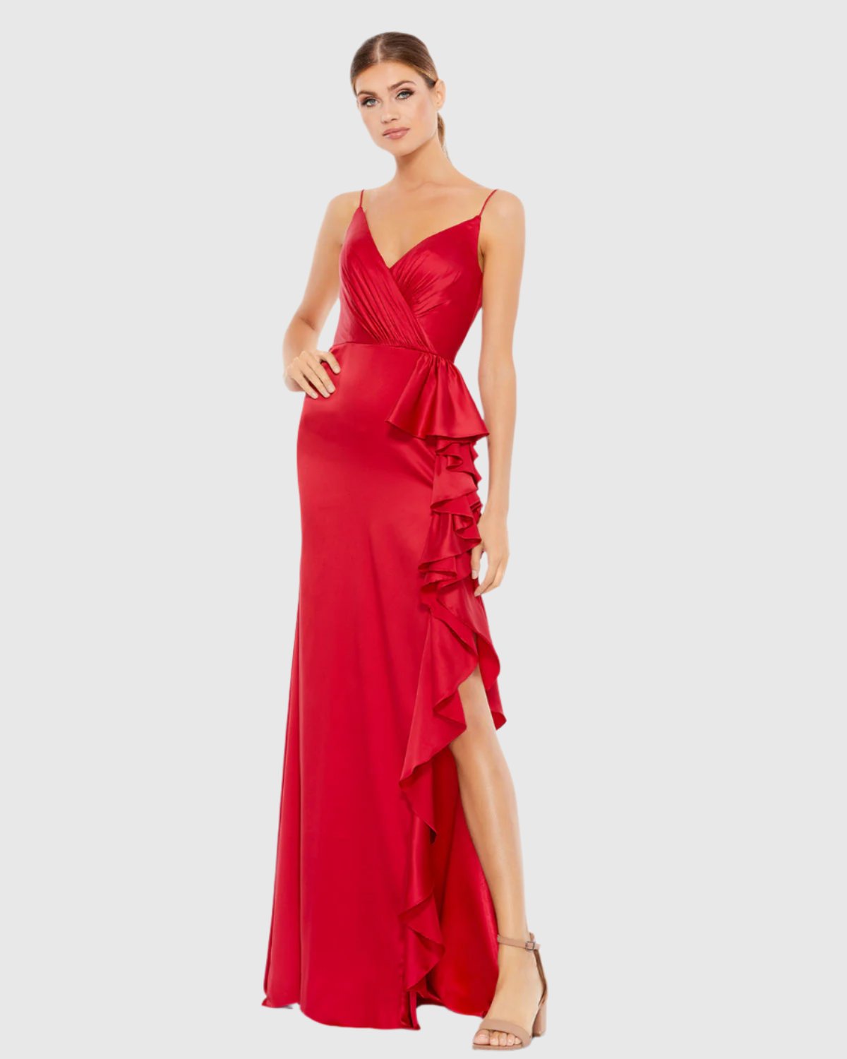 Satin Ruffled Asymmetrical Gown