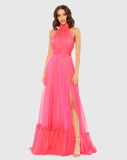 High Neck Tiered Chiffon Halter Gown