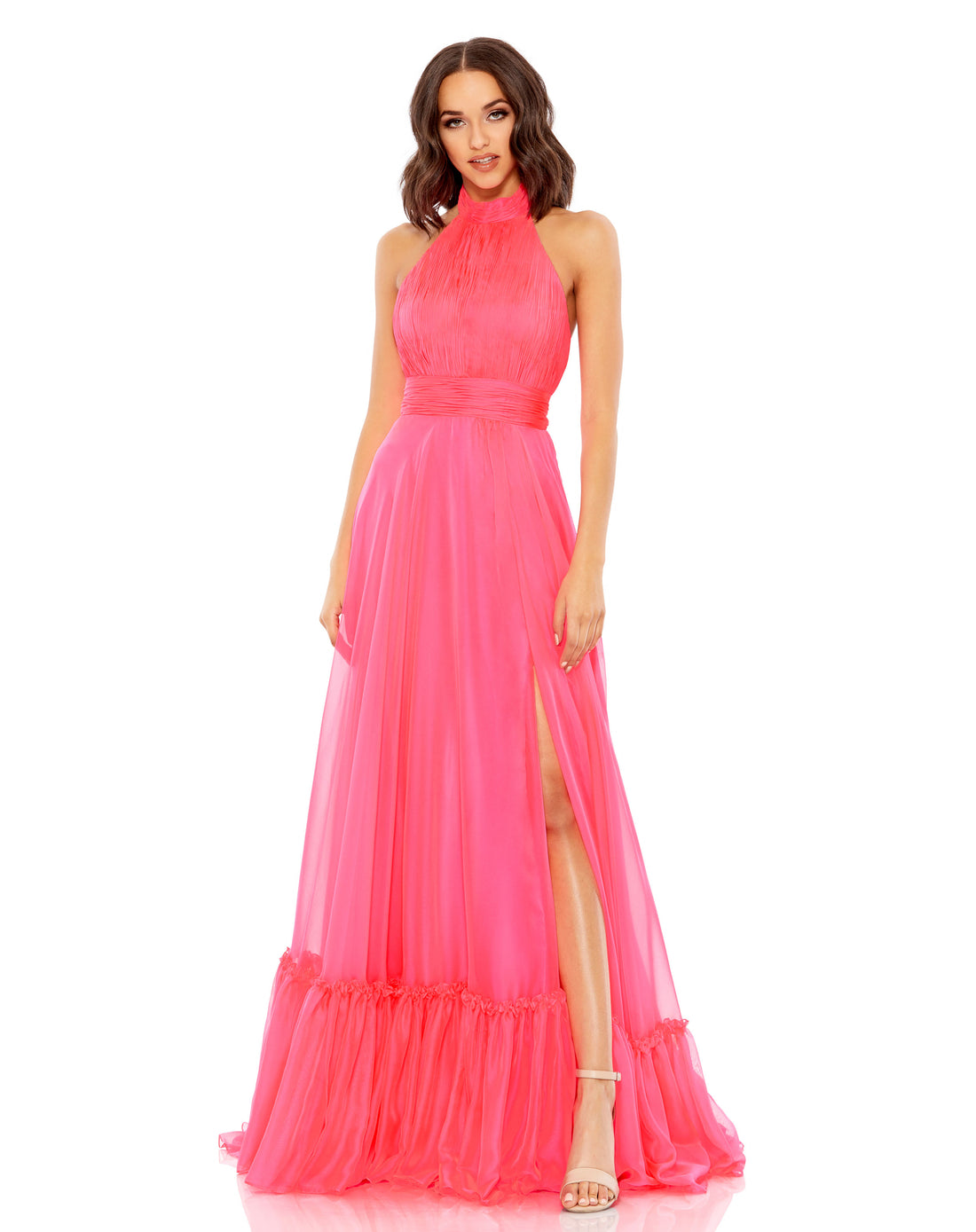 High Neck Tiered Chiffon Halter Gown