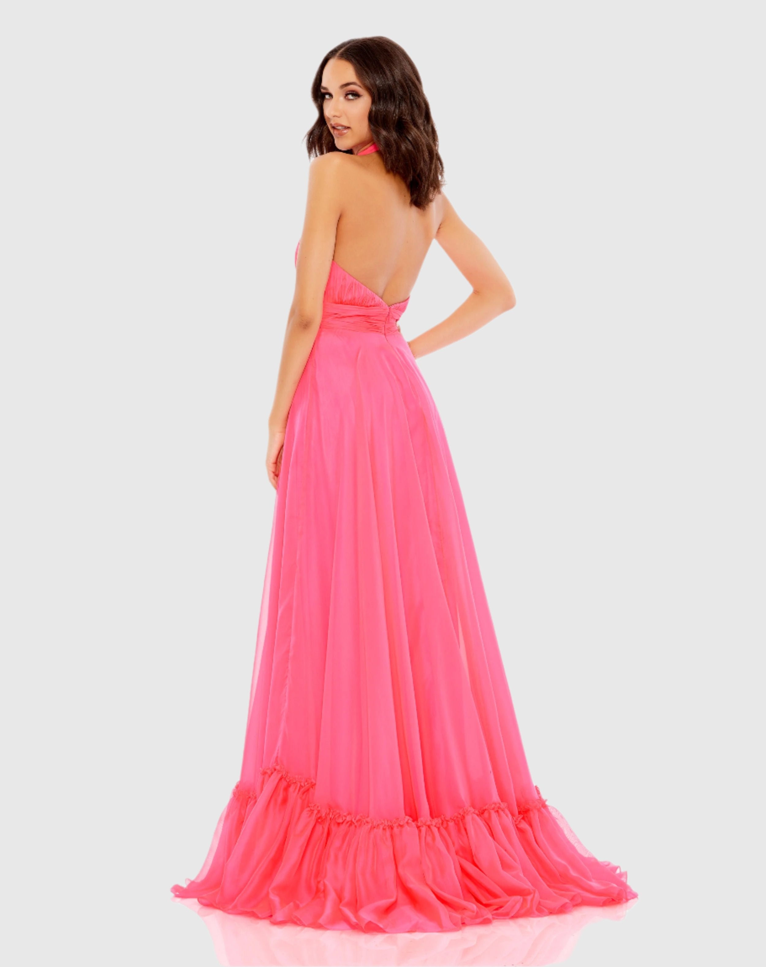 Pink High Neck Tiered Chiffon Halter Gown - Mac Duggal 