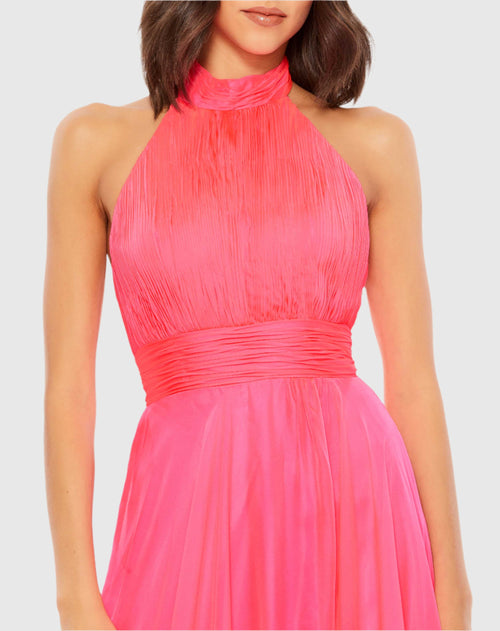 Pink High Neck Tiered Chiffon Halter Gown