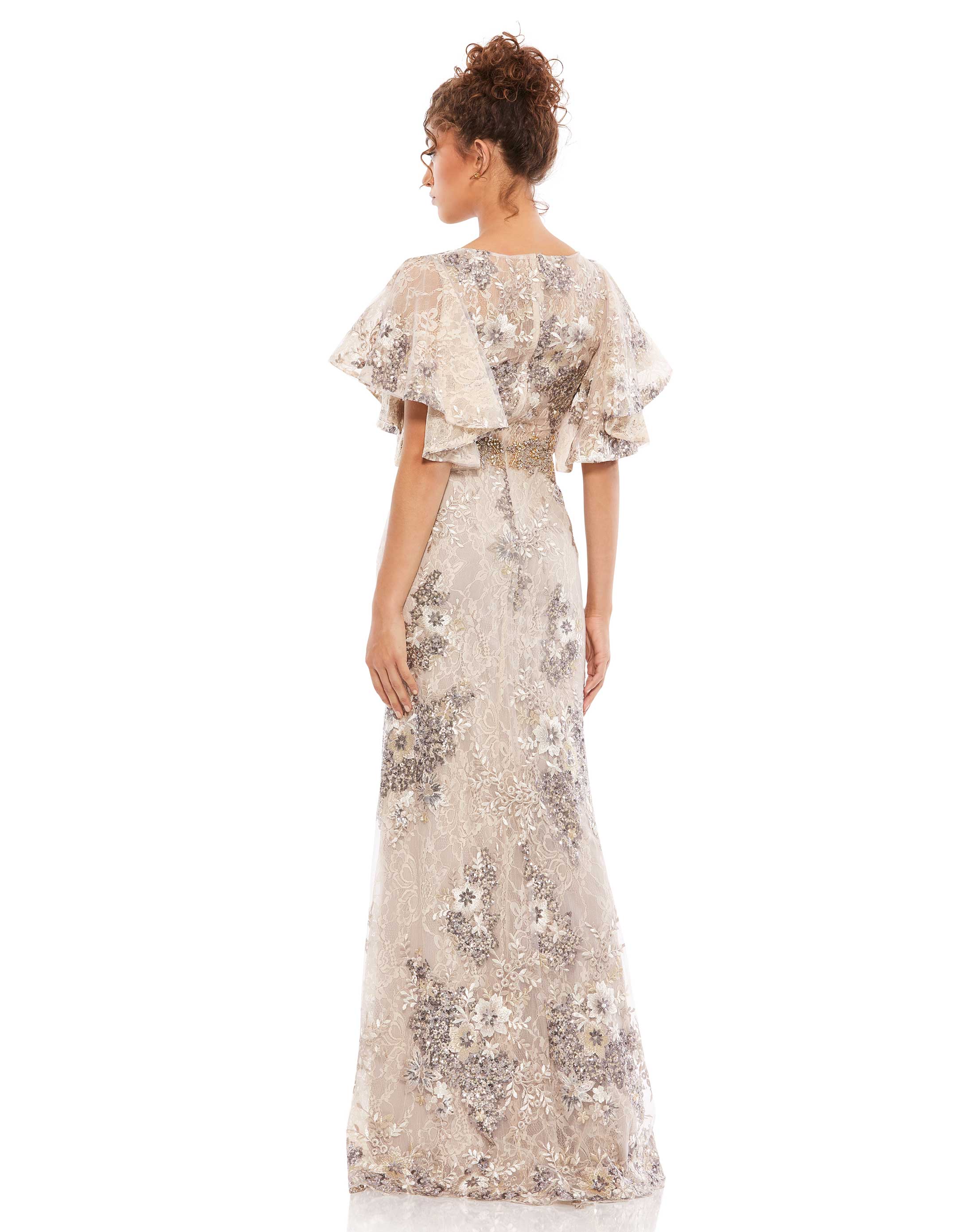 Bell Sleeve Floral Embellished Gown
