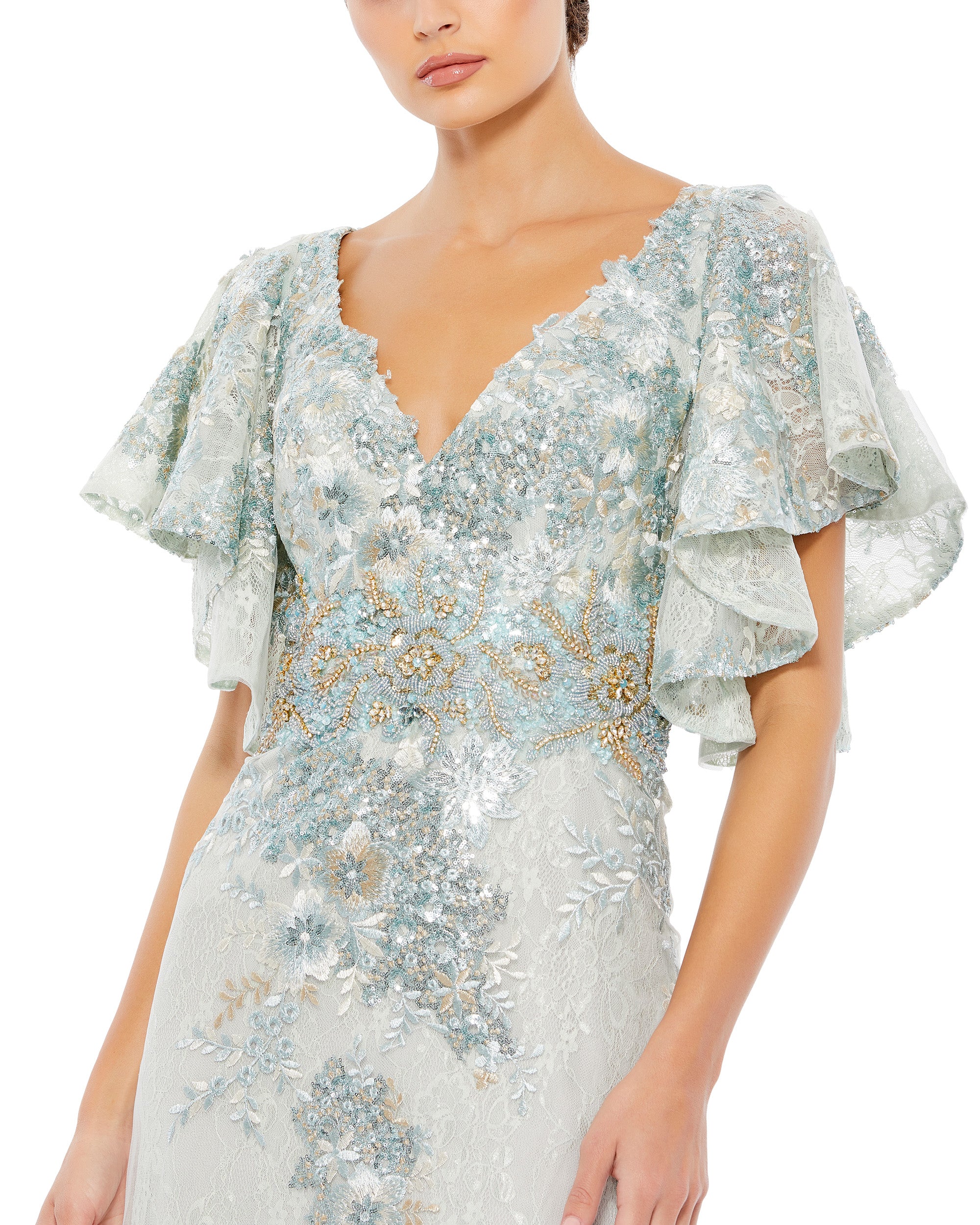 Bell Sleeve Floral Embellished Gown