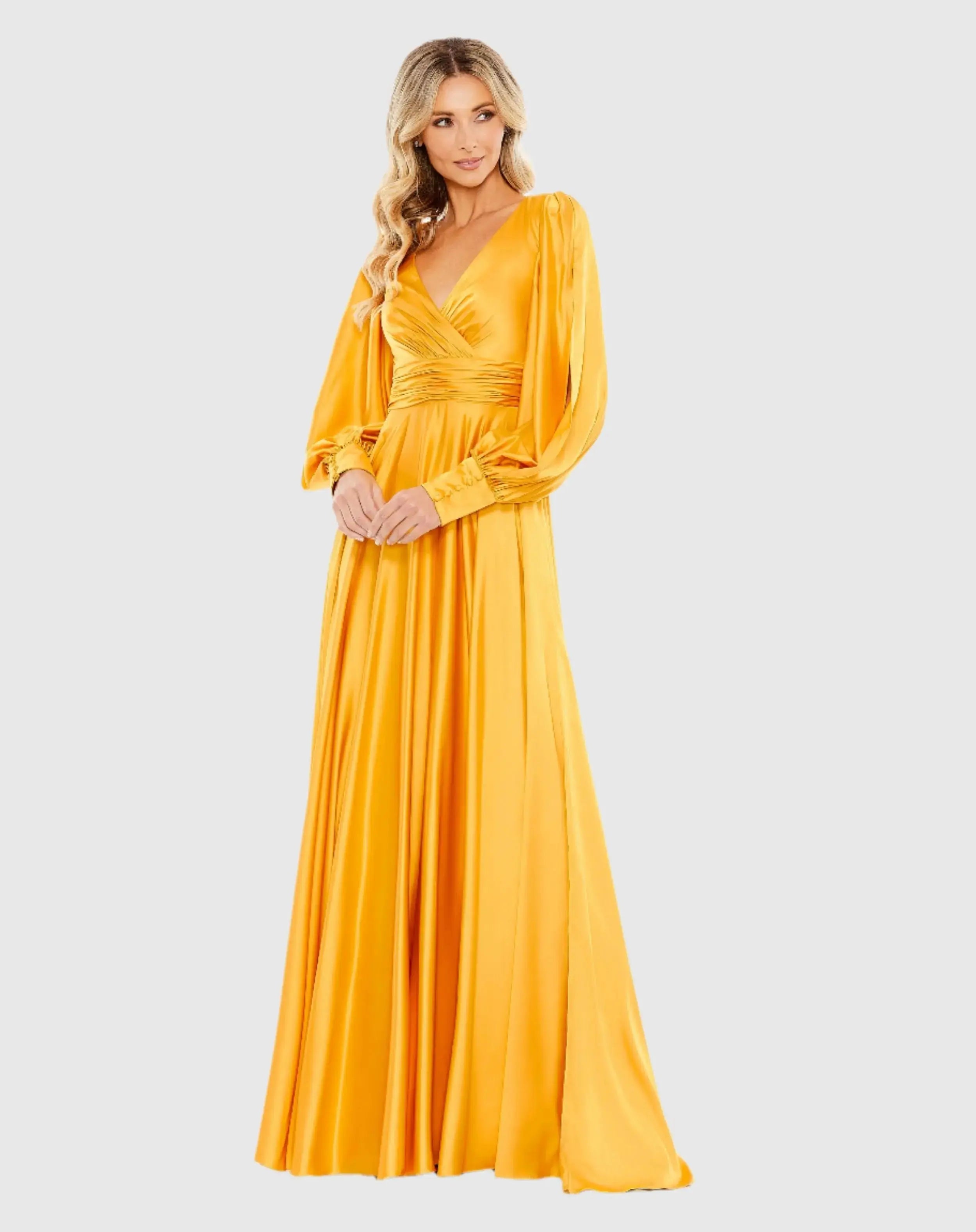 Flowy Split Bishop Sleeve Faux Wrap Gown - Mac Duggal