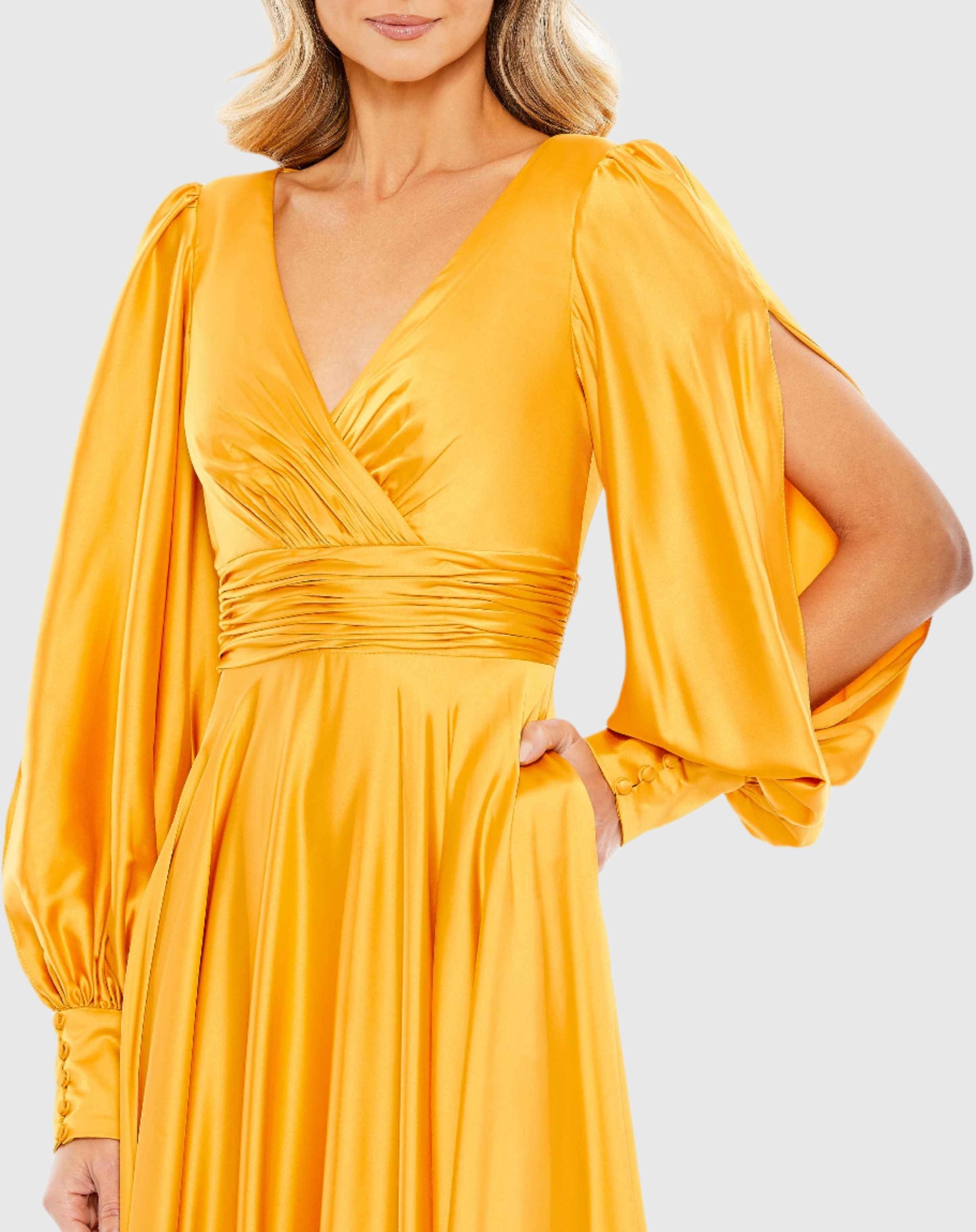 Split Bishop Sleeve Wrap Over Flowy Gown