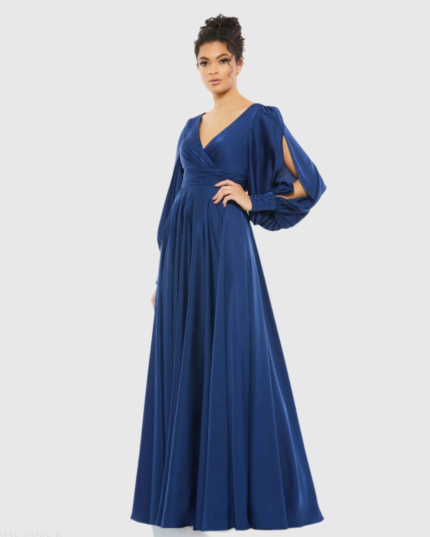 Navy Flowy Split Bishop Sleeve Faux Wrap Gown - Ieena for Mac Duggal
