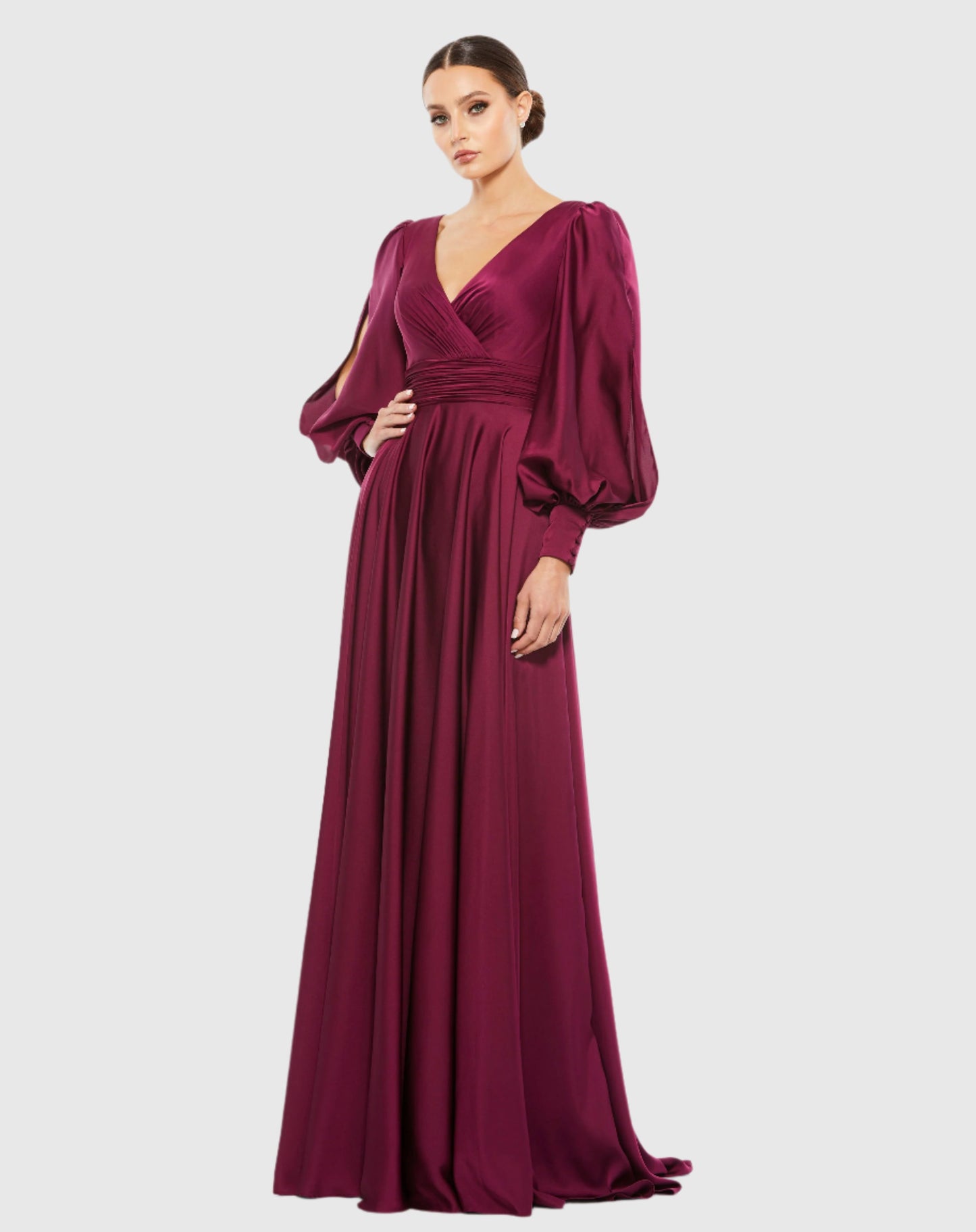 Split Bishop Sleeve Wrap Over Flowy Gown