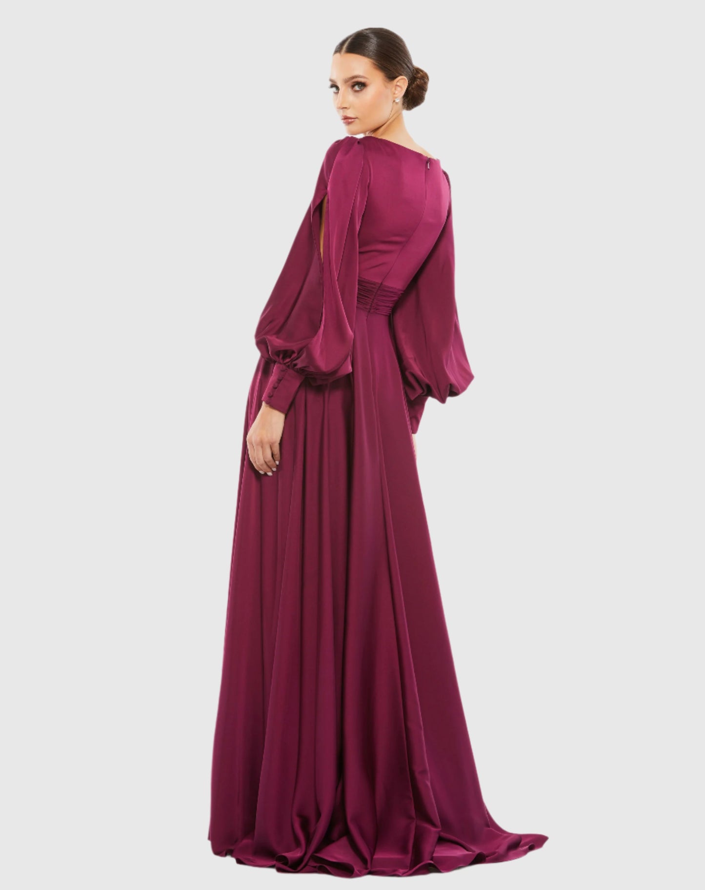 Split Bishop Sleeve Wrap Over Flowy Gown