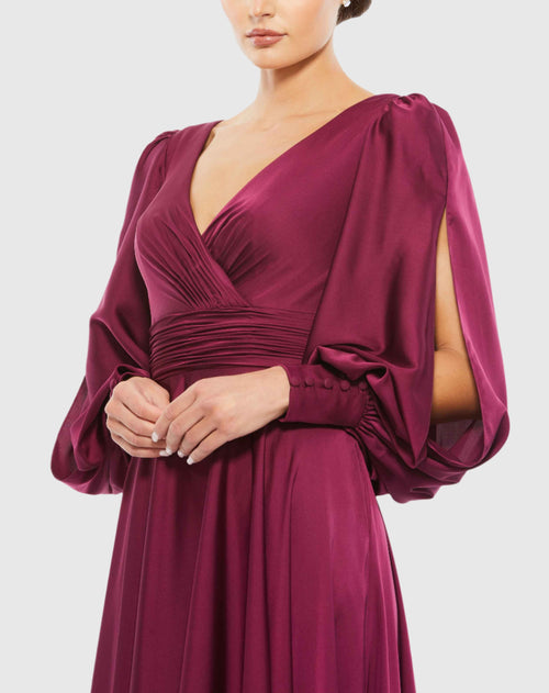 Split Bishop Sleeve Wrap Over Flowy Gown