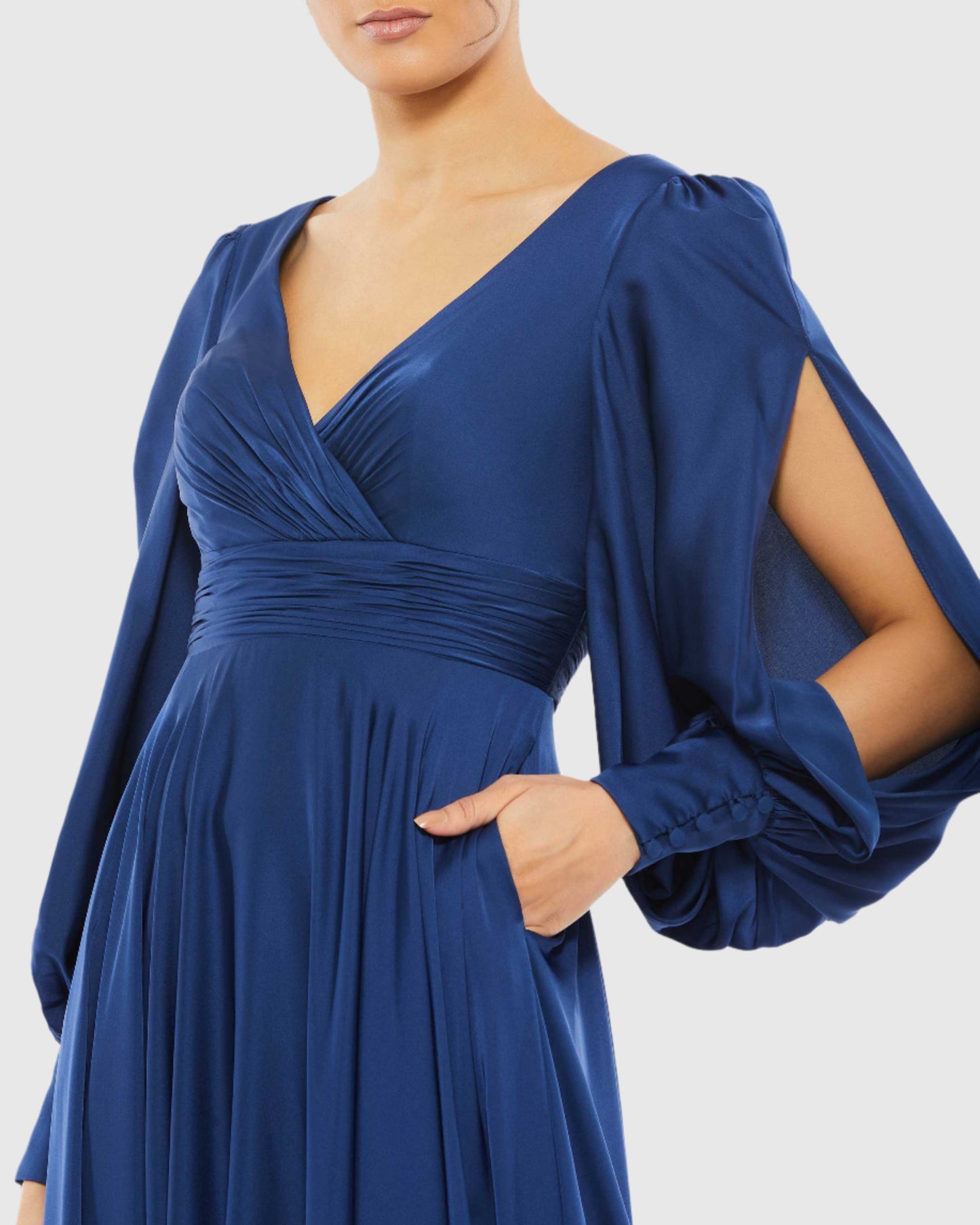 Flowy Split Bishop Sleeve Faux Wrap Gown