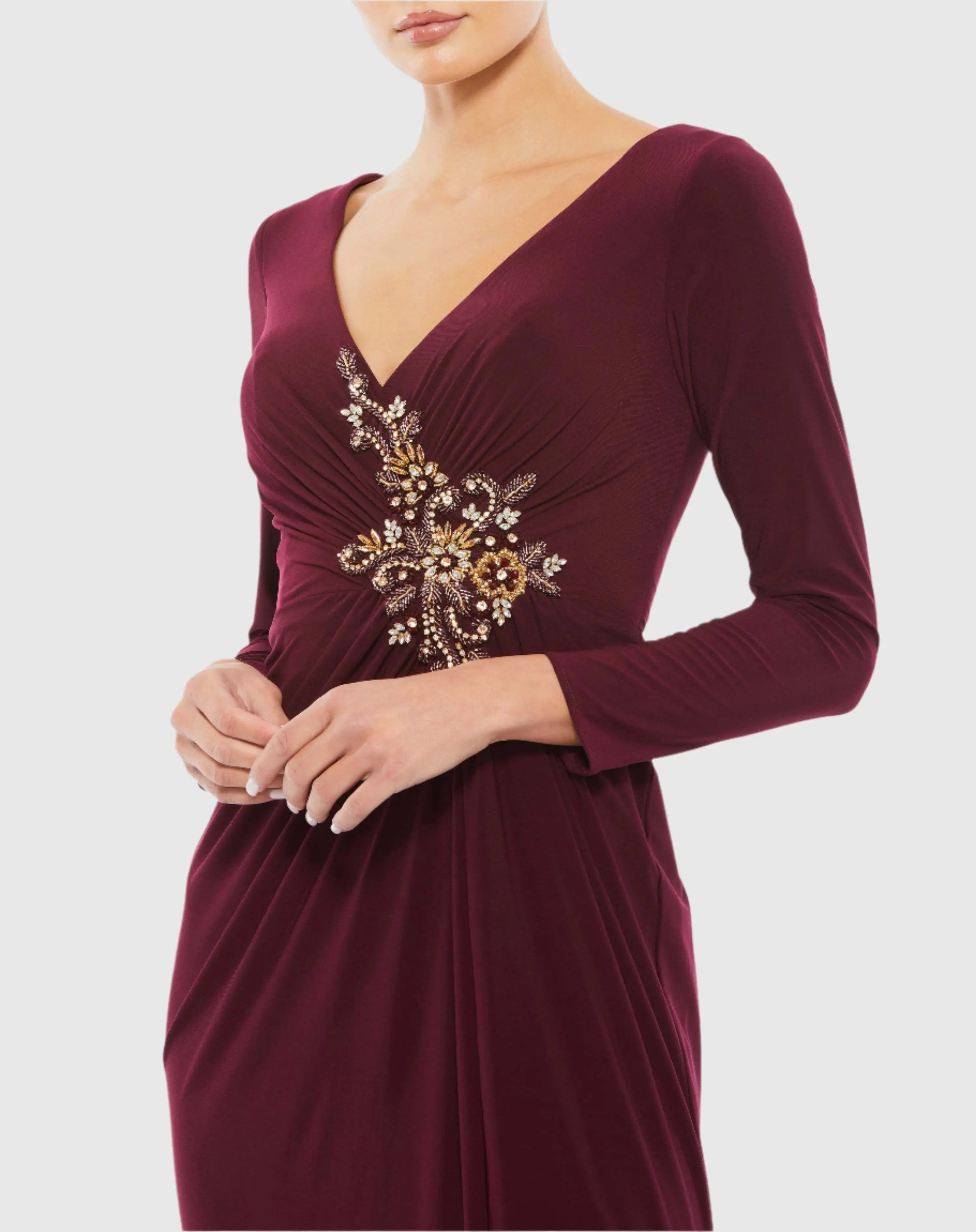 mac duggal red dress long sleeve Red Embellished High Neck Long Sleeve A Line Gown