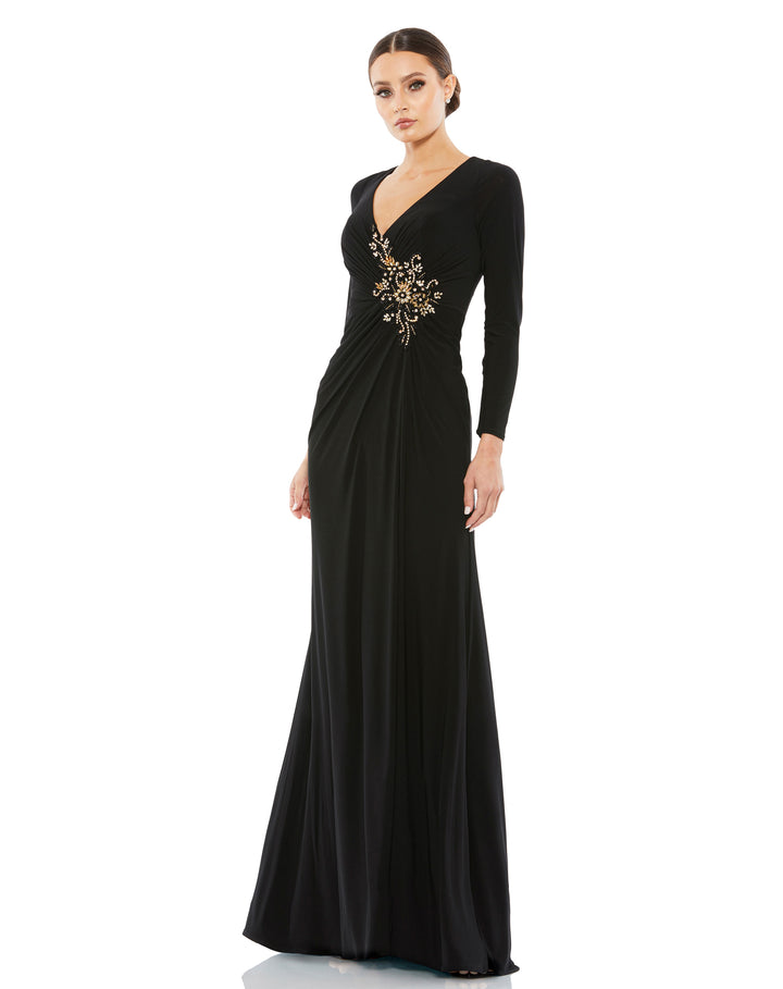 Faux Wrap Long Sleeve Gown w/ Appliqué Detail – Mac Duggal