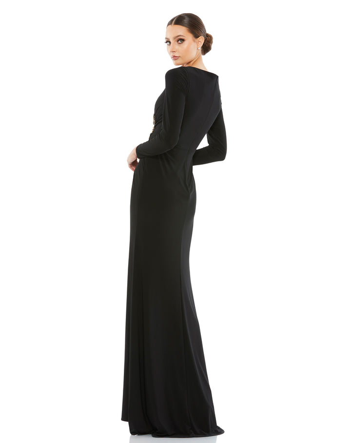 Faux Wrap Long Sleeve Gown w/ Appliqué Detail – Mac Duggal