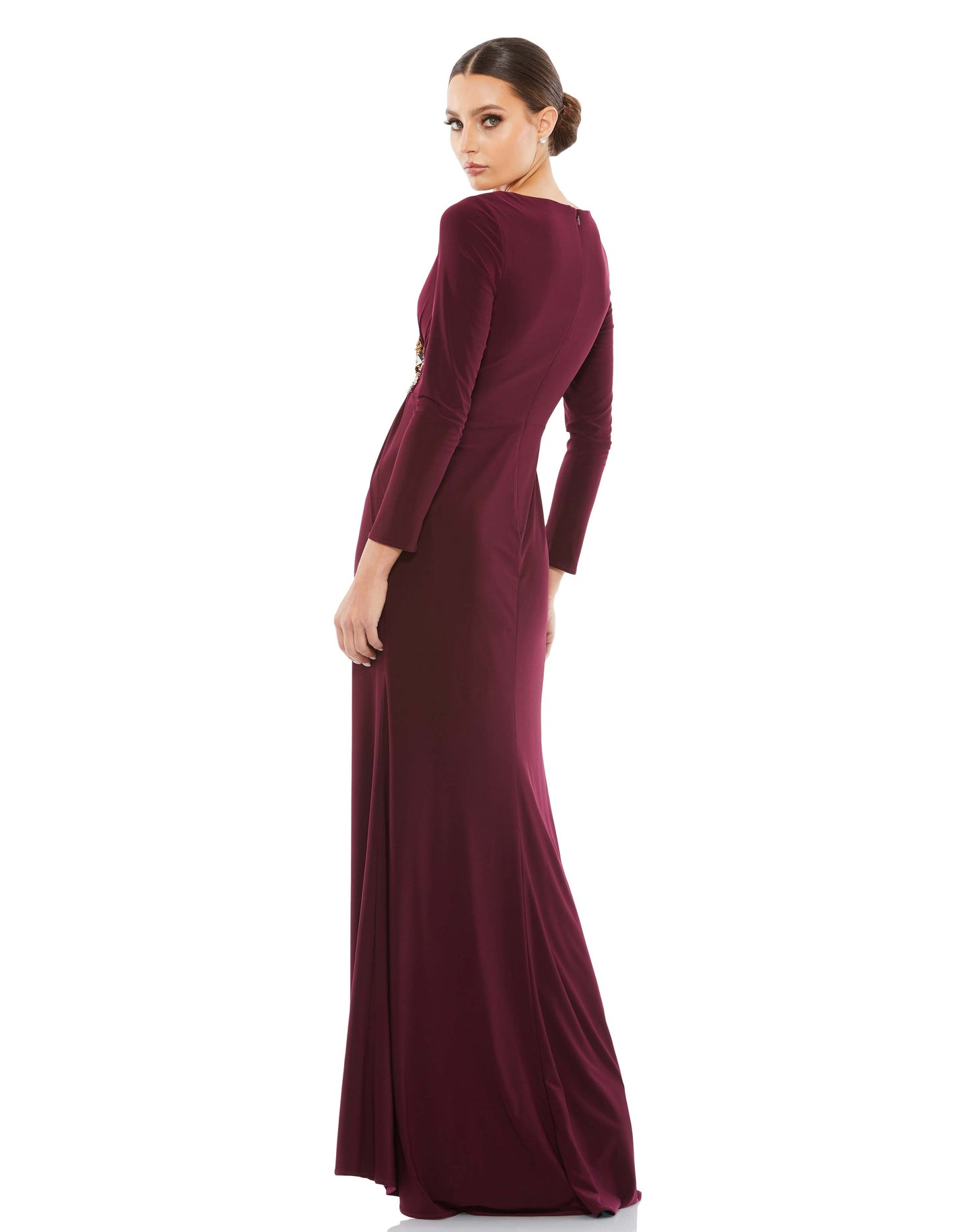 Faux Wrap Long Sleeve Gown w/ Appliqué Detail