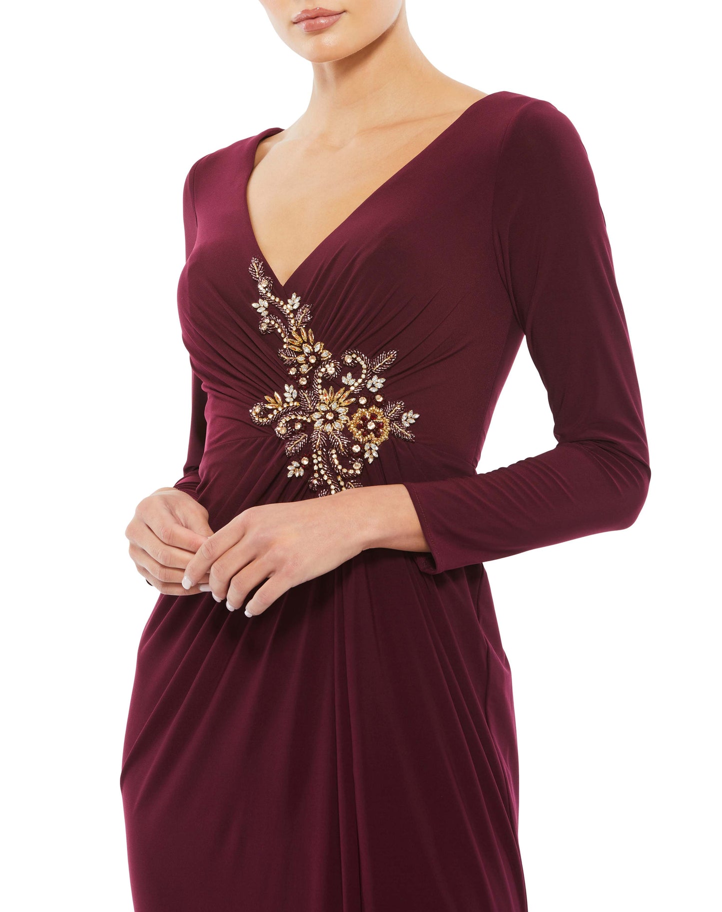 Faux Wrap Long Sleeve Gown w/ Appliqué Detail