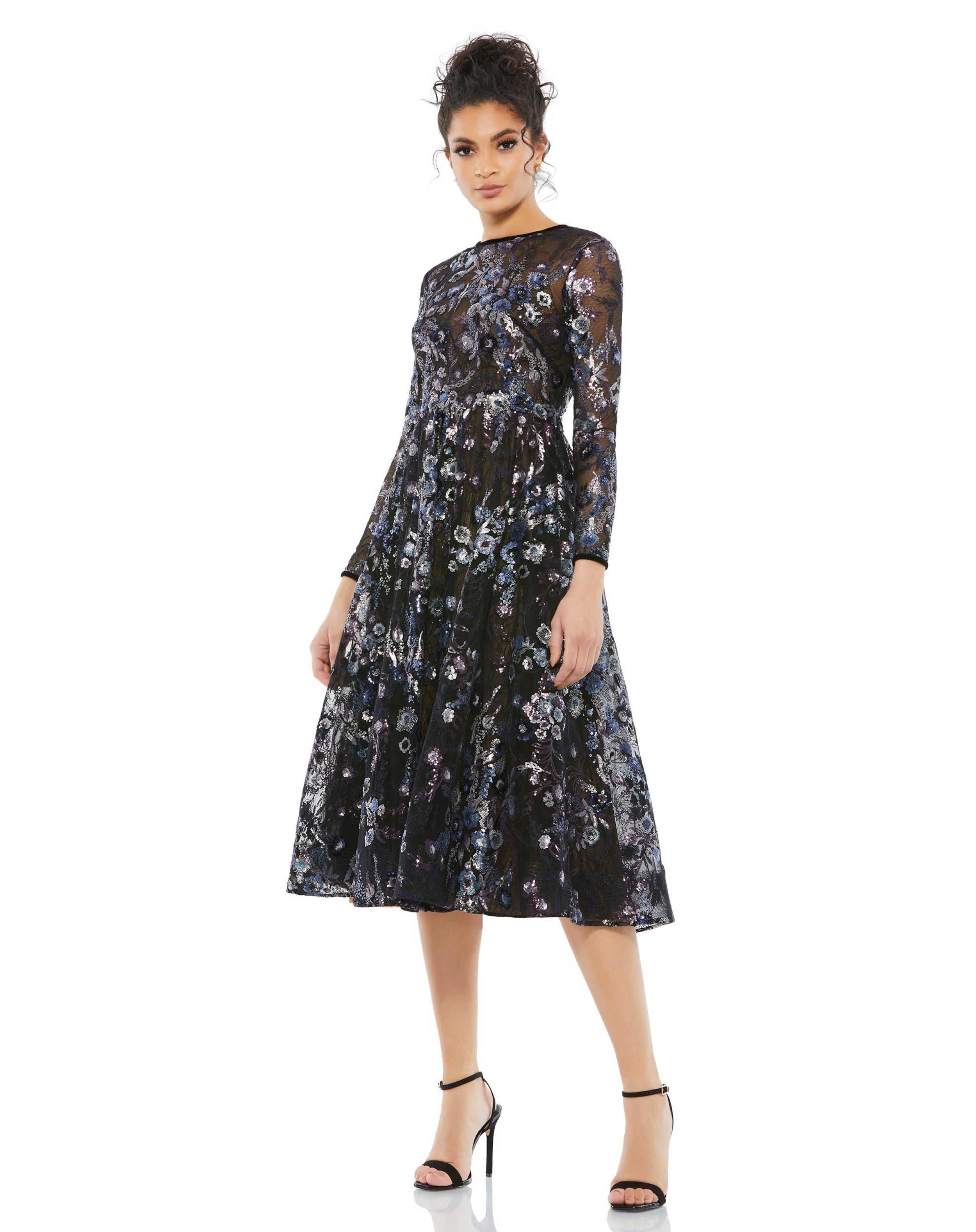 Embellished Illusion Long Sleeve Midi Dress - Final Sale