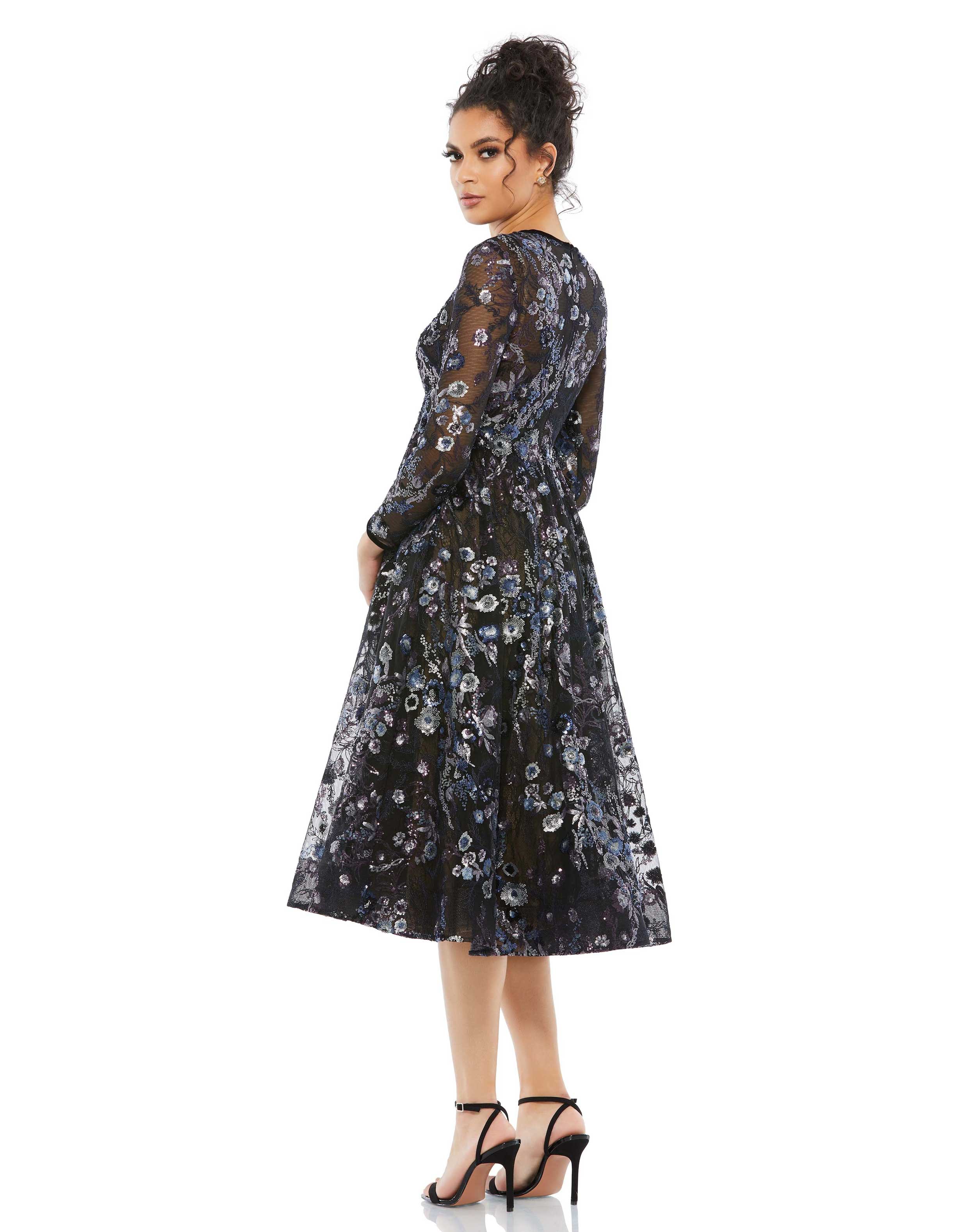 Embellished Illusion Long Sleeve Midi Dress - Final Sale