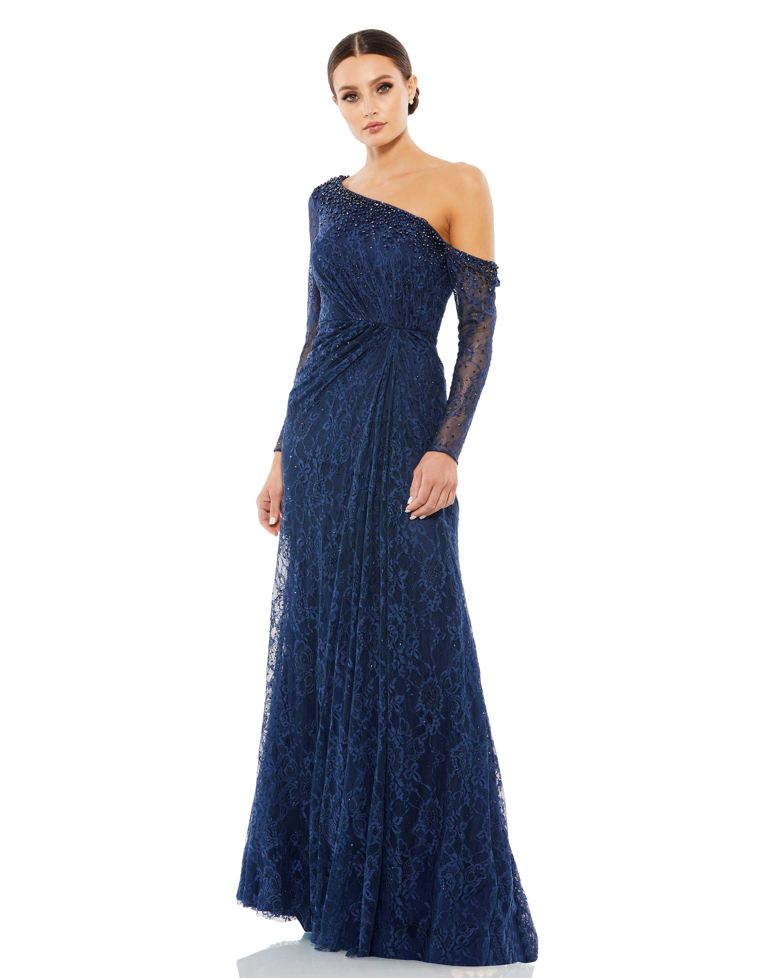 Draped Jewel Encrusted Lace Drop Shoulder Gown
