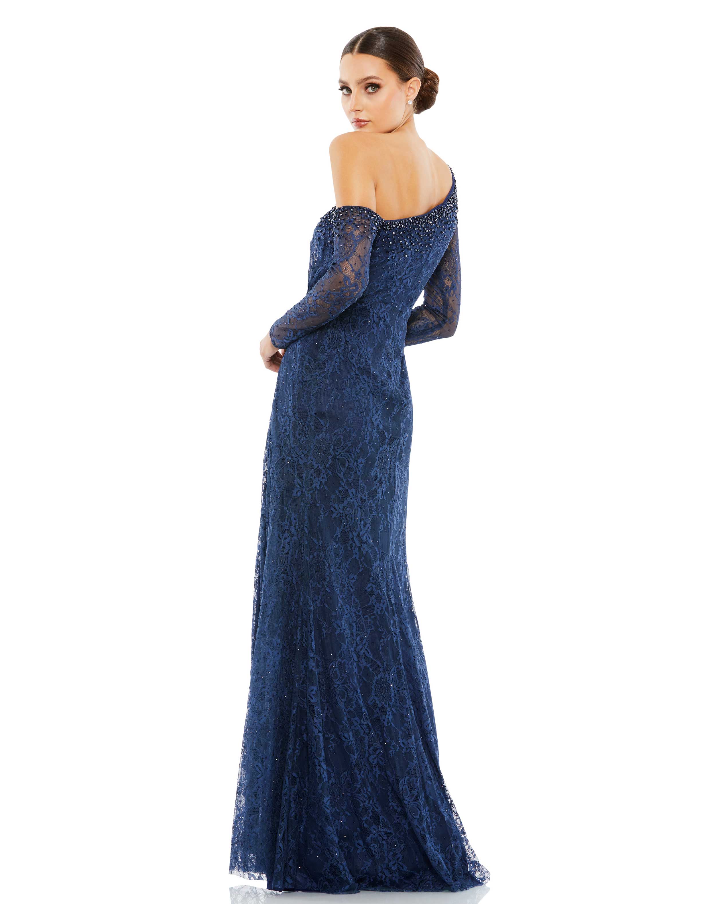 Draped Jewel Encrusted Lace Drop Shoulder Gown